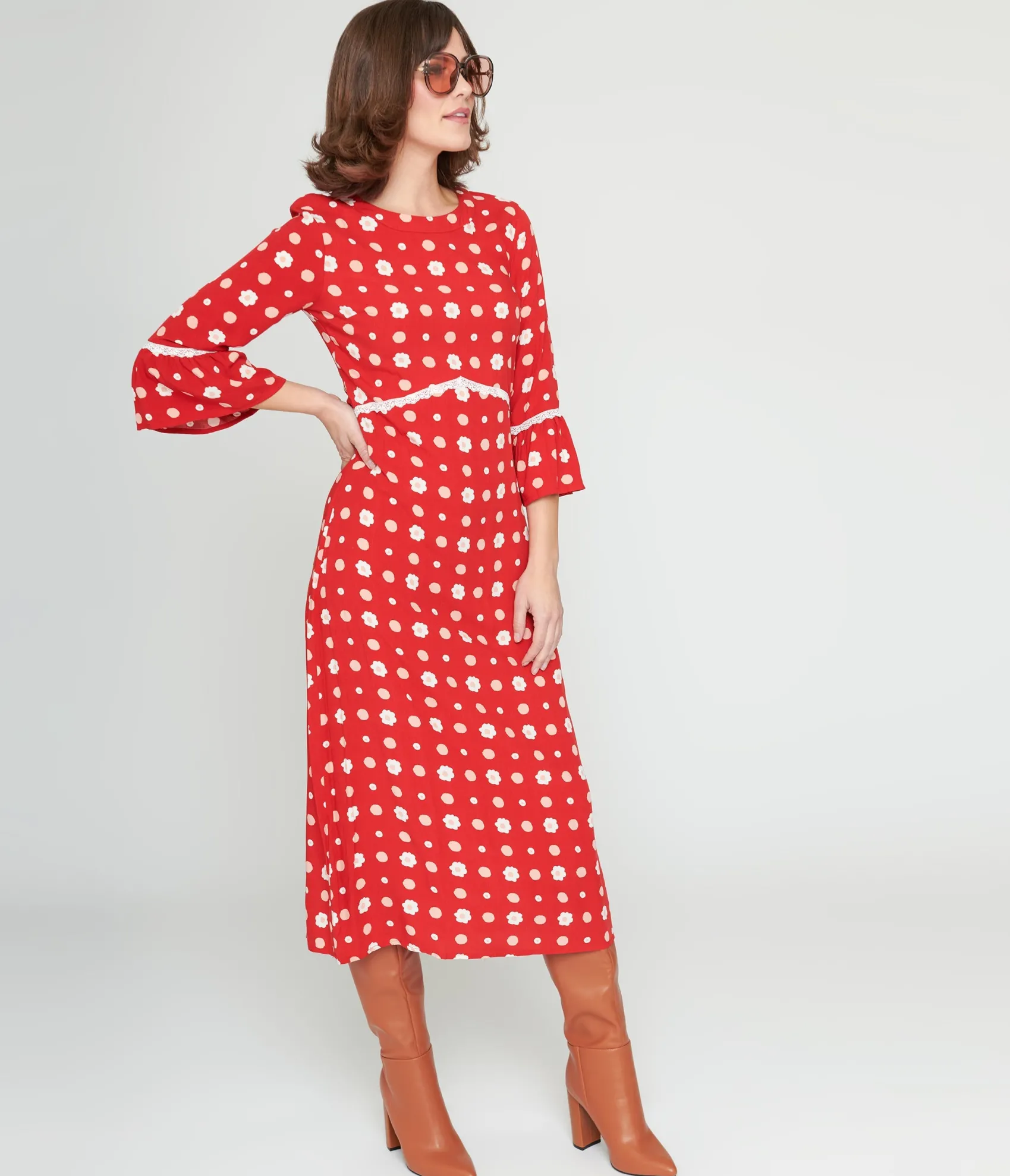 Unique Vintage Collectif Red & White Poppy Print Midi Dress Best Sale