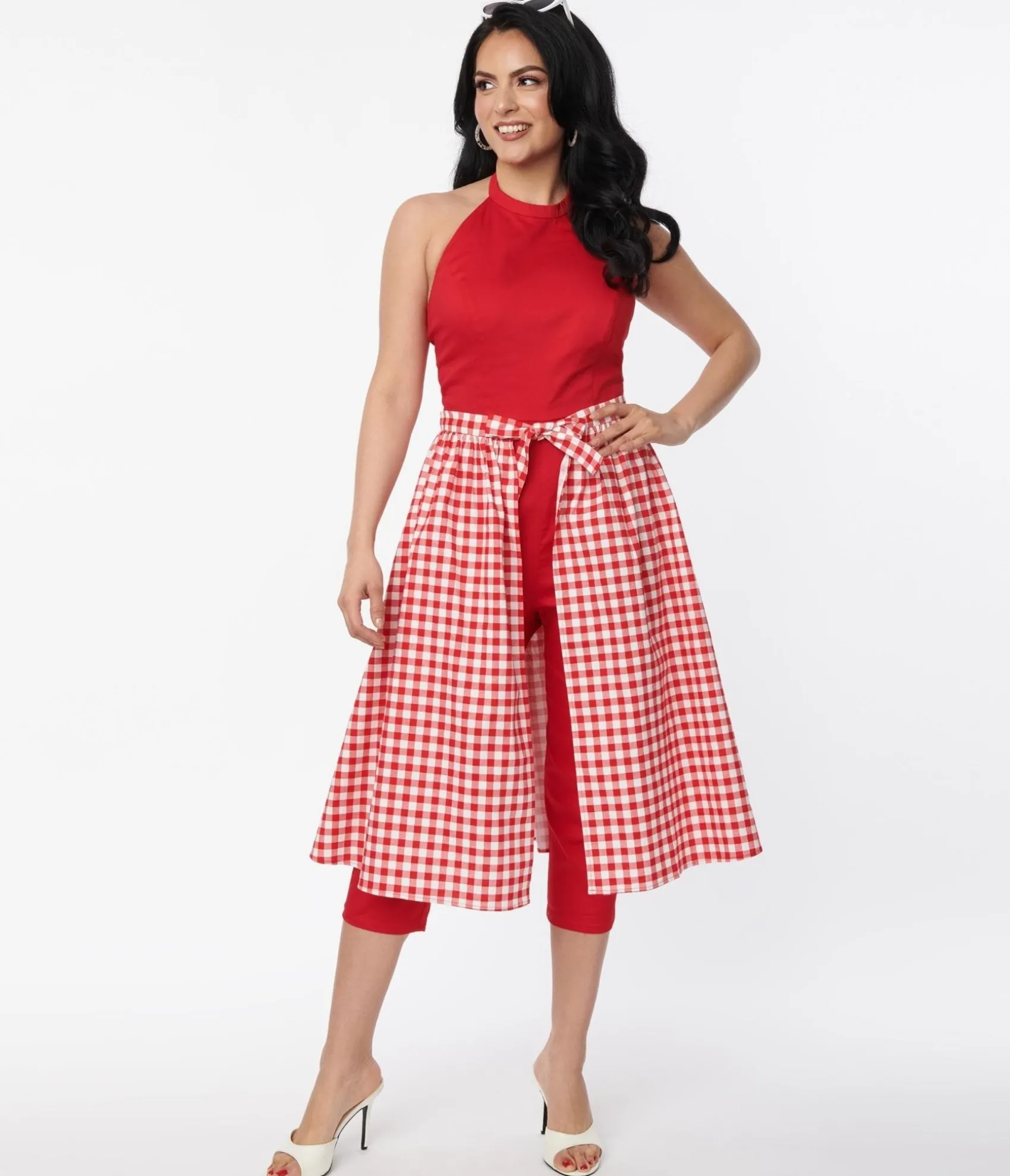 Unique Vintage Collectif Red Gingham Skirted Midge Jumpsuit Set Flash Sale