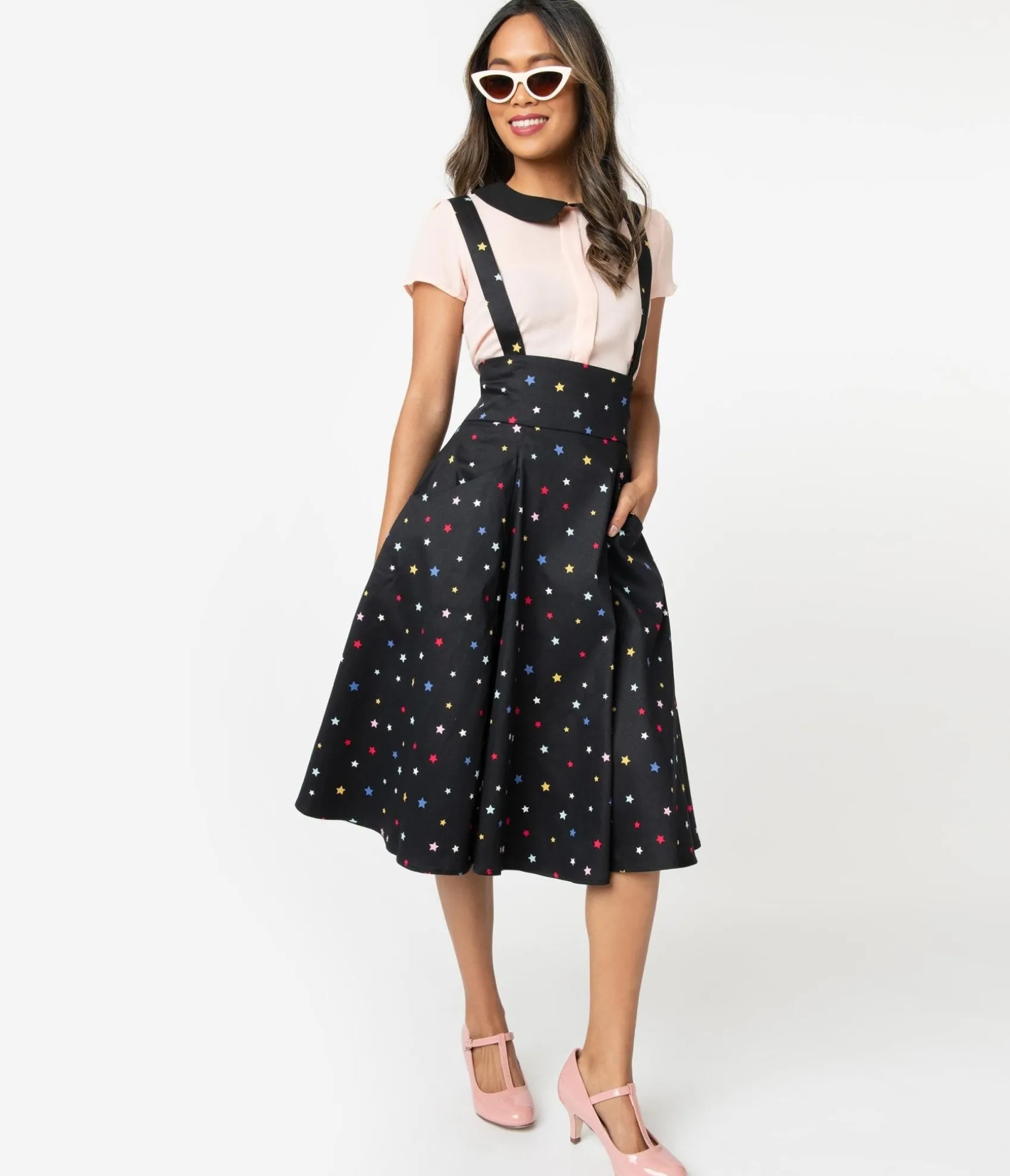 Unique Vintage Collectif 1950s Black & Multicolor Stars Alexa Suspender Swing Skirt Cheap