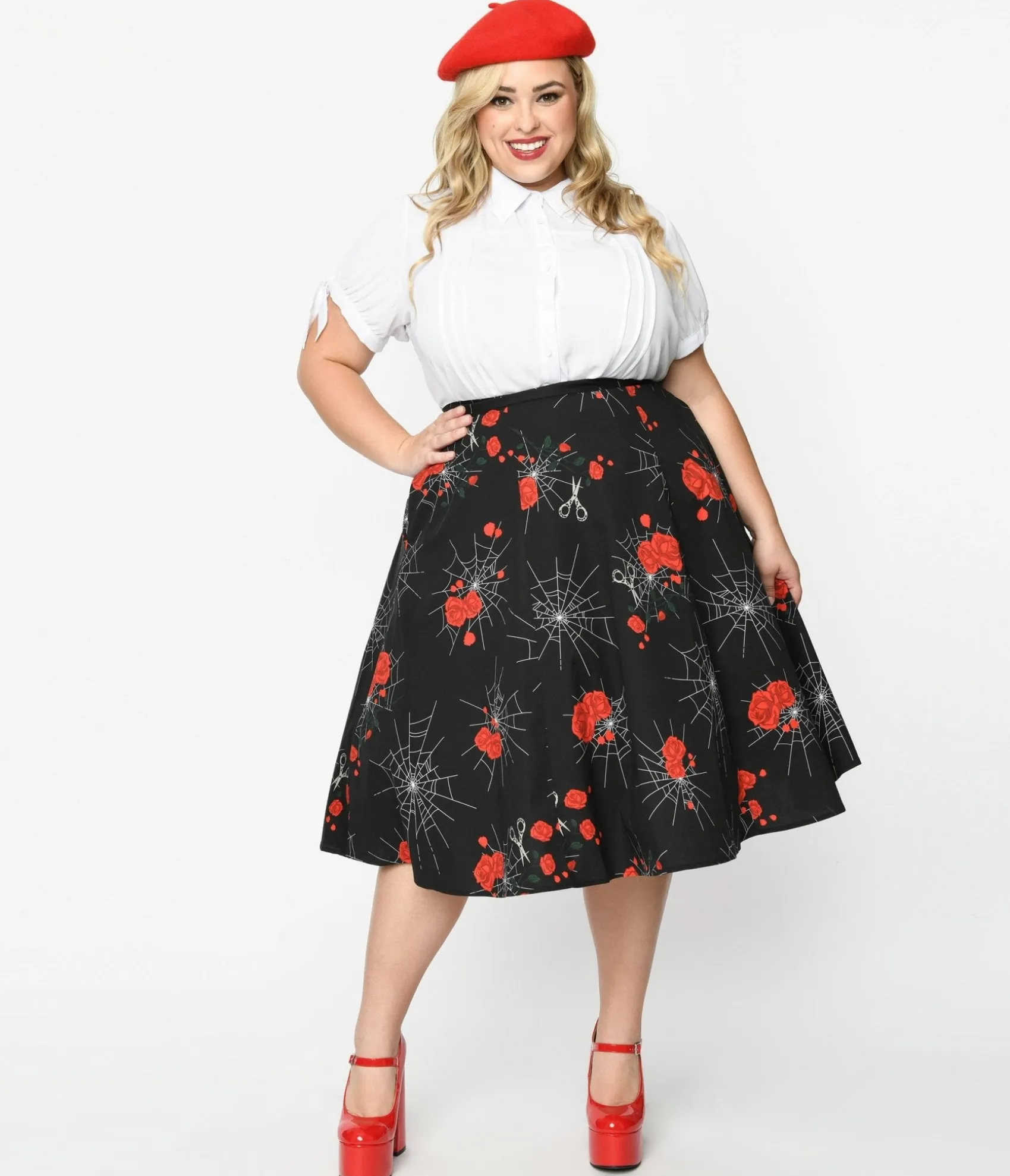 Unique Vintage Collectif 1940s Black Spinners Web & Roses Swing Skirt Store