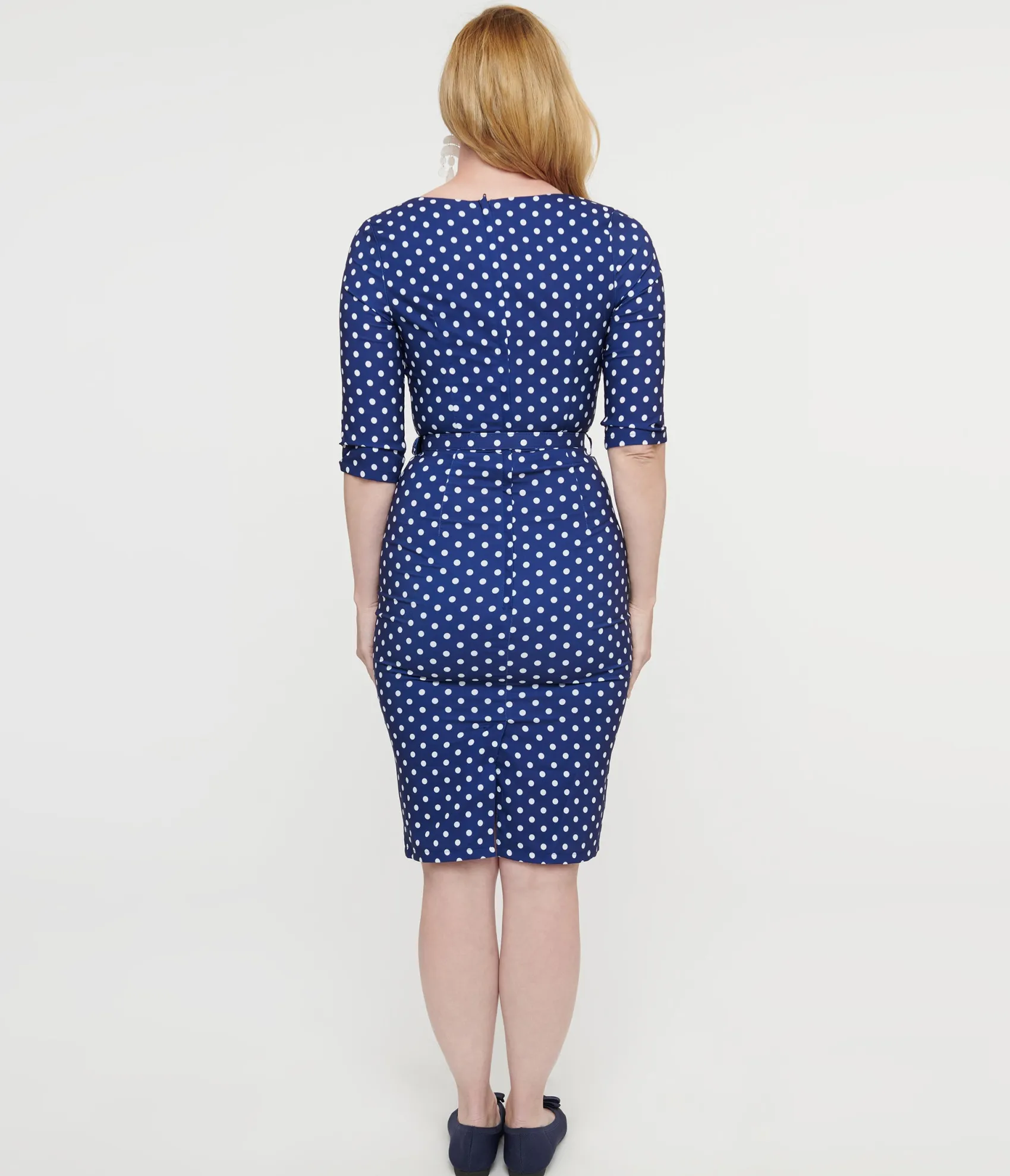 Unique Vintage Collectif 1950s Blue & White Polka Dot Patty Wiggle Dress Best Sale