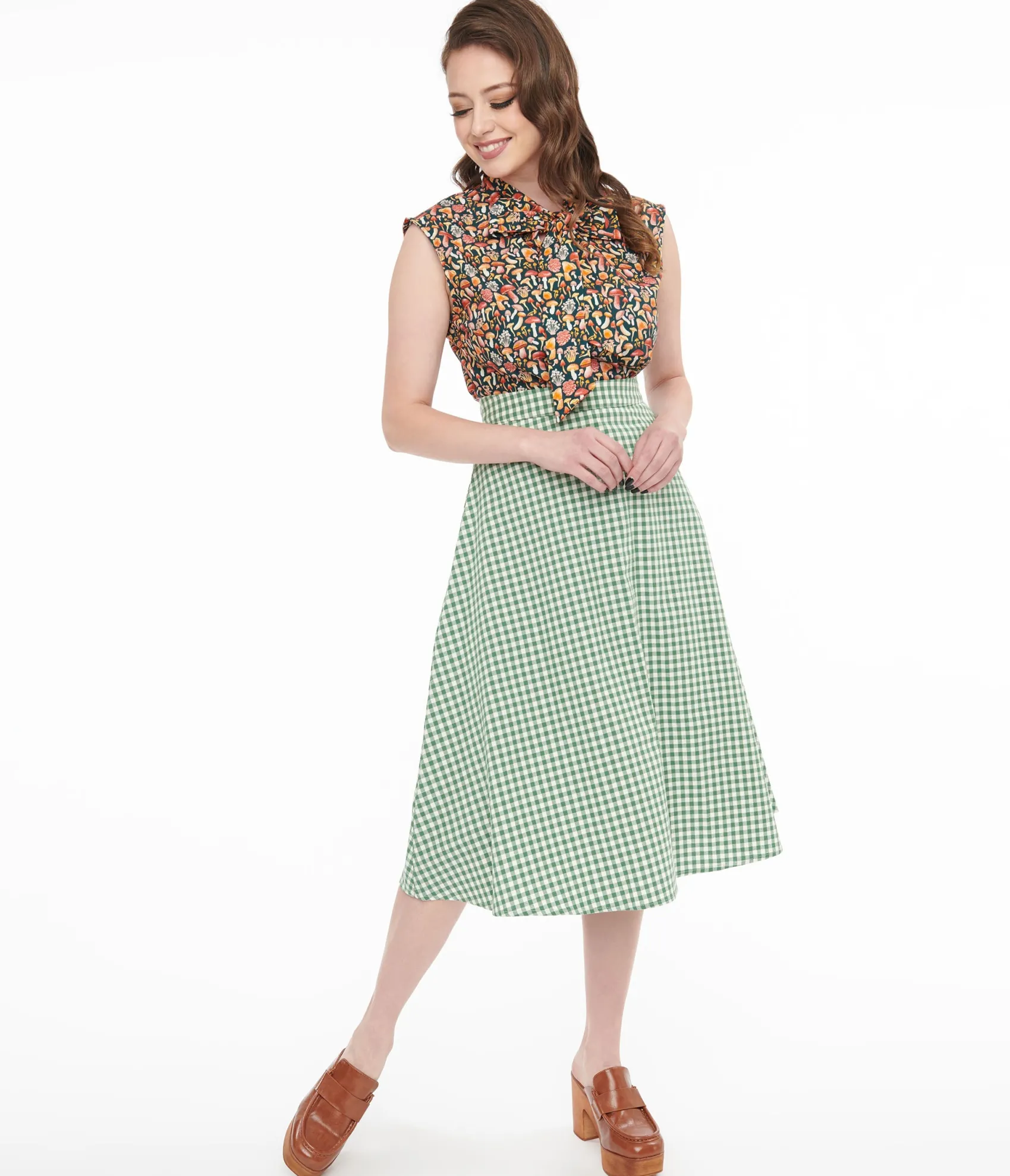 Unique Vintage Collectif 1930s Green & White Gingham Hetty Swing Skirt Sale