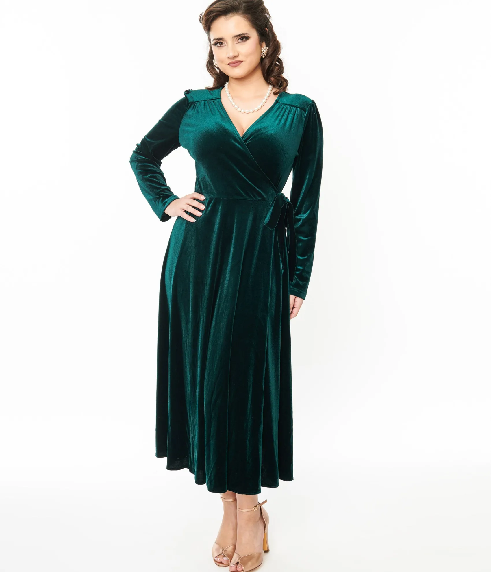 Unique Vintage Collectif 1940s Green Velvet Kendra Wrap Dress Shop