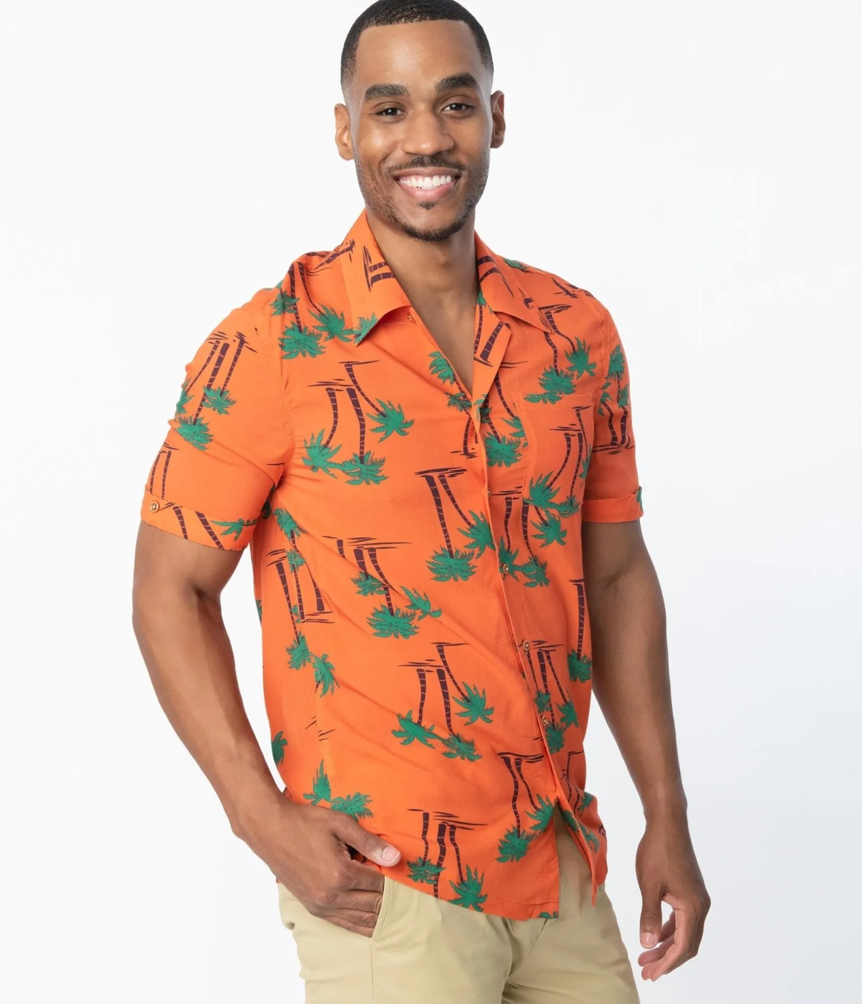 Unique Vintage Collectif 1940s Orange & Palm Beach Print Oscar Mens Shirt Sale