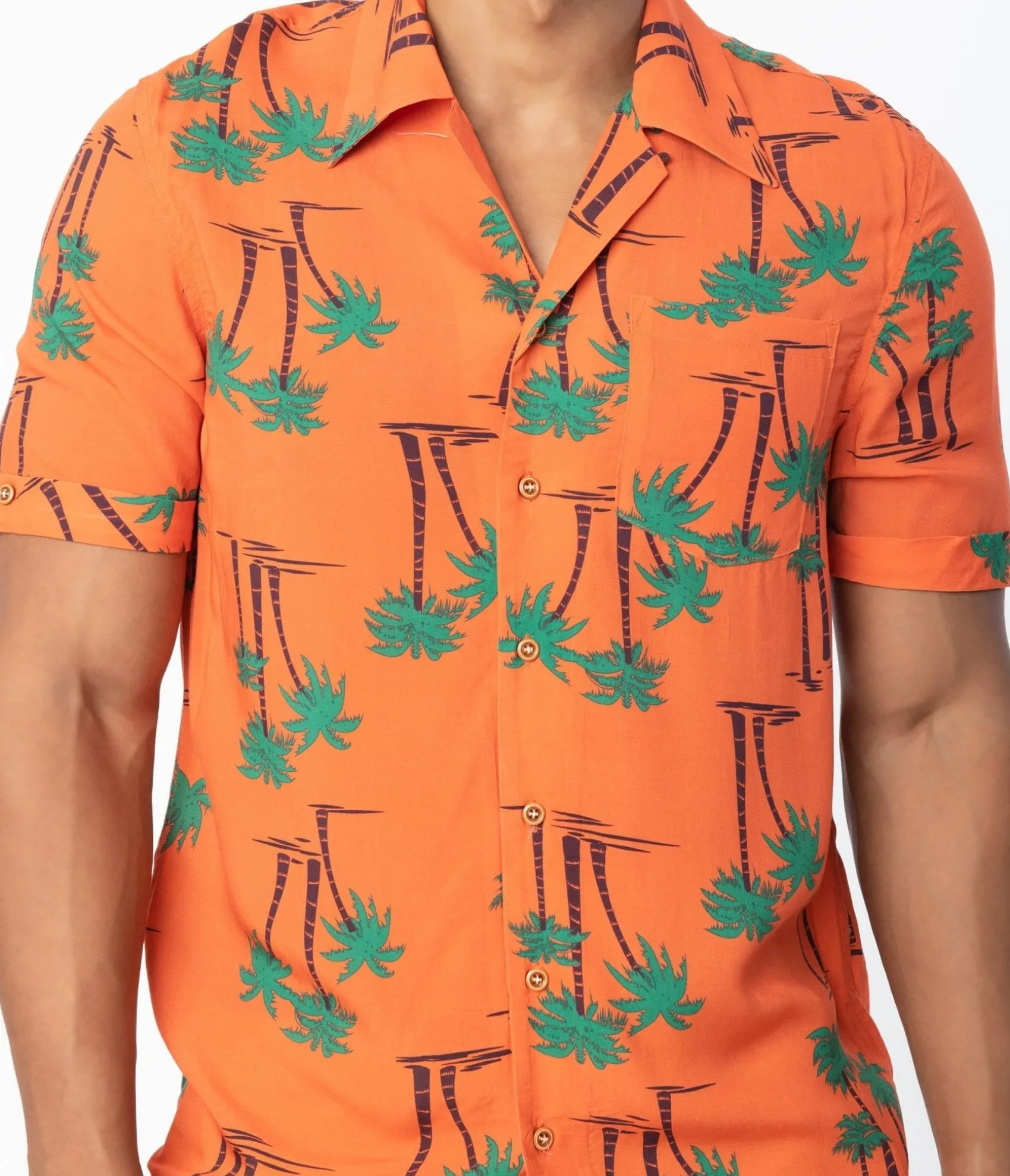 Unique Vintage Collectif 1940s Orange & Palm Beach Print Oscar Mens Shirt Sale
