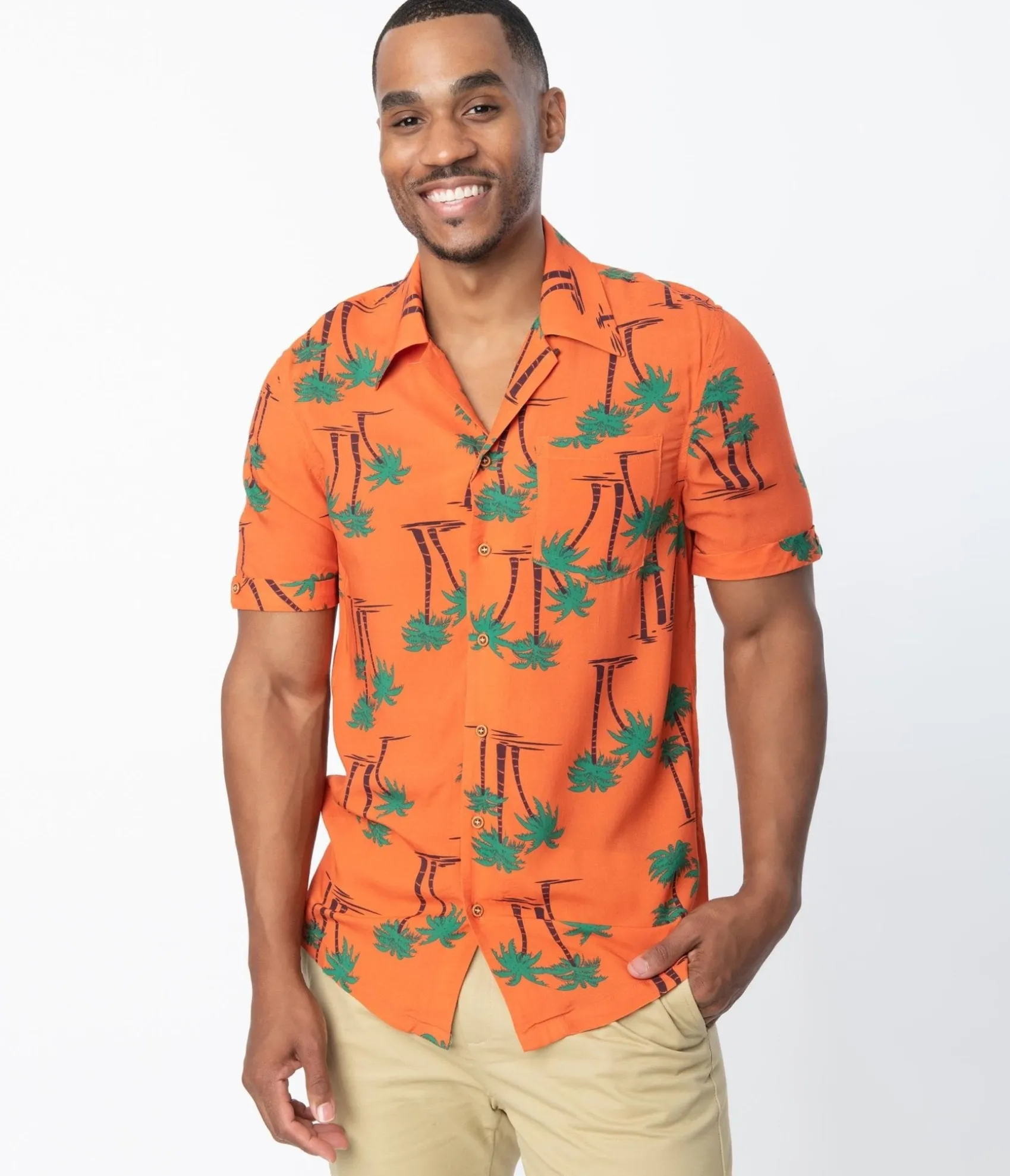 Unique Vintage Collectif 1940s Orange & Palm Beach Print Oscar Mens Shirt Sale