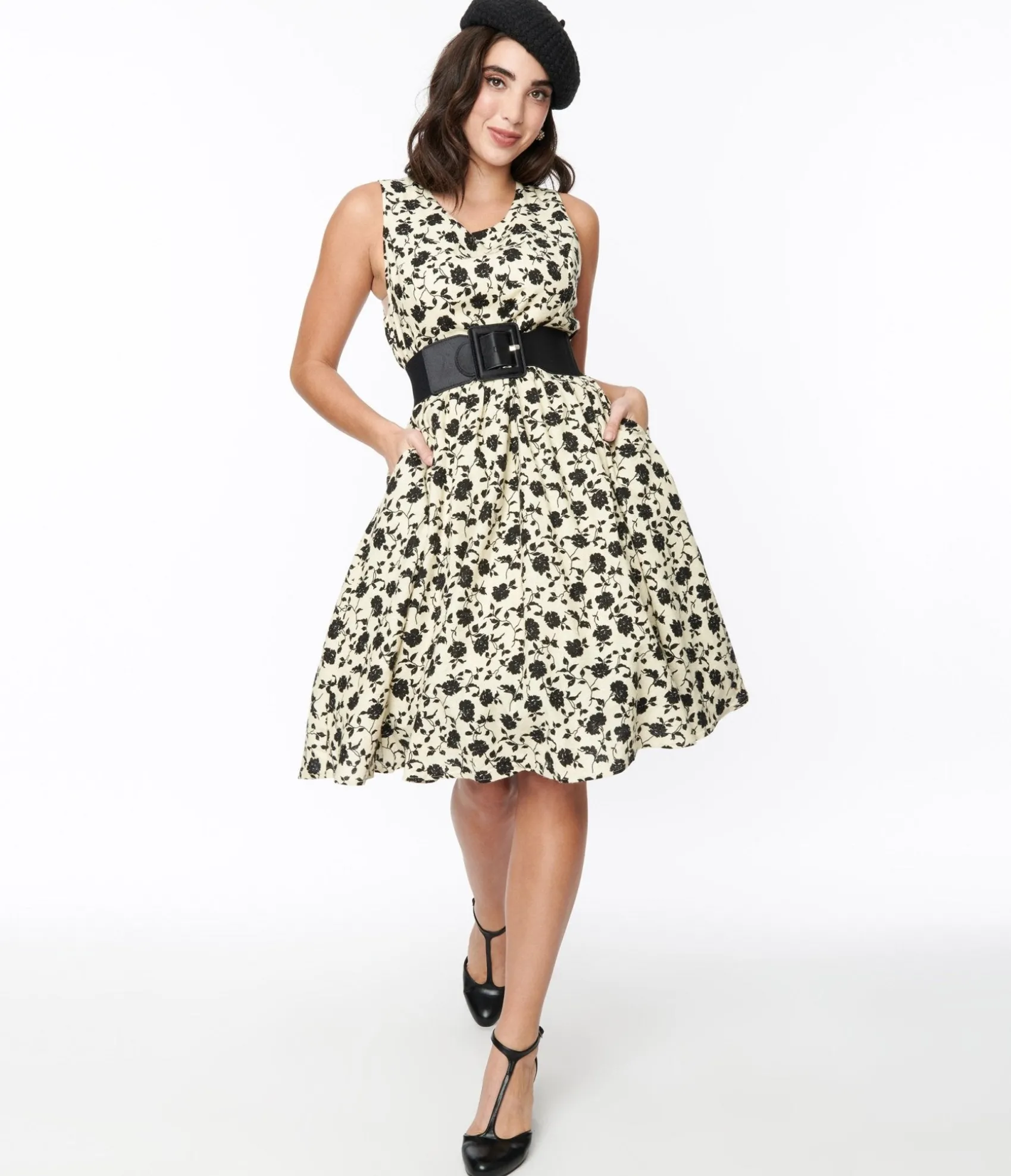 Unique Vintage Cream & Black Floral Swing Dress Best