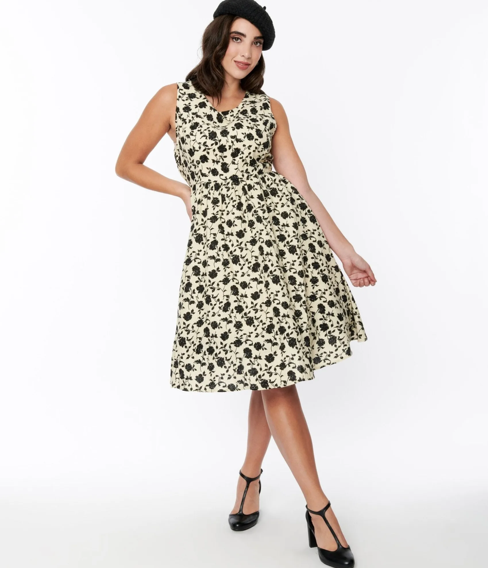 Unique Vintage Cream & Black Floral Swing Dress Best