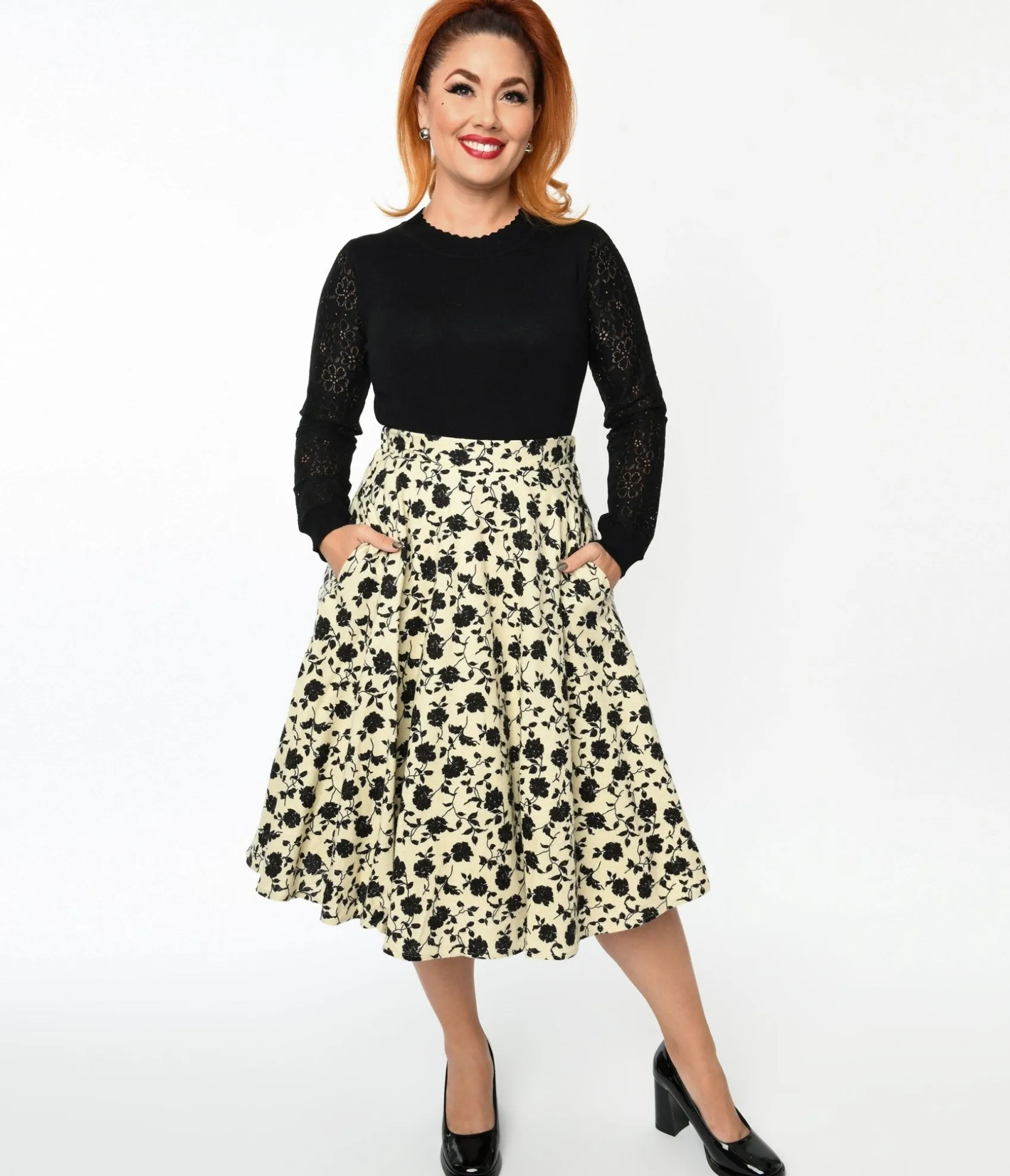 Unique Vintage Cream & Black Floral Swing Skirt Online