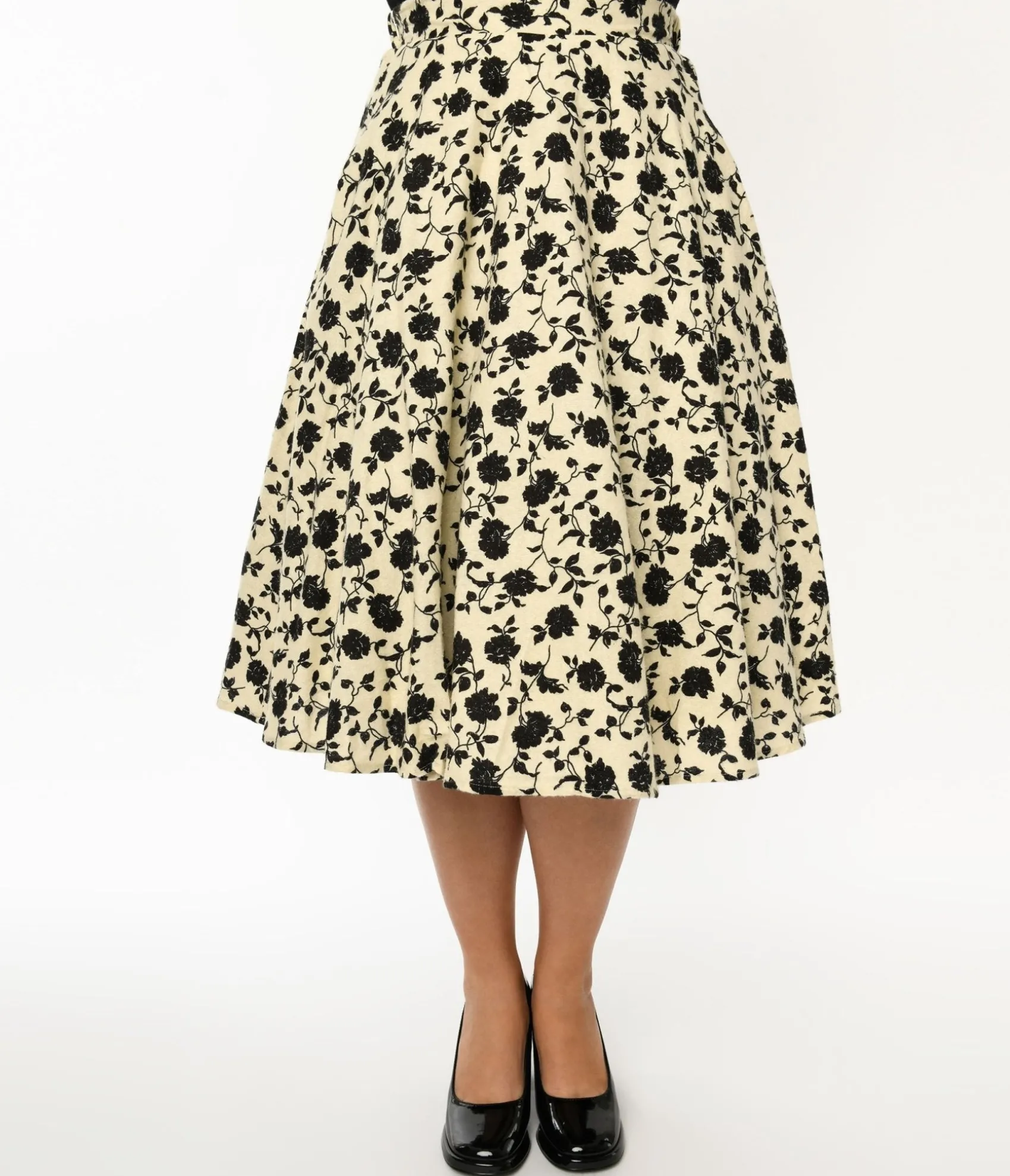 Unique Vintage Cream & Black Floral Swing Skirt Online