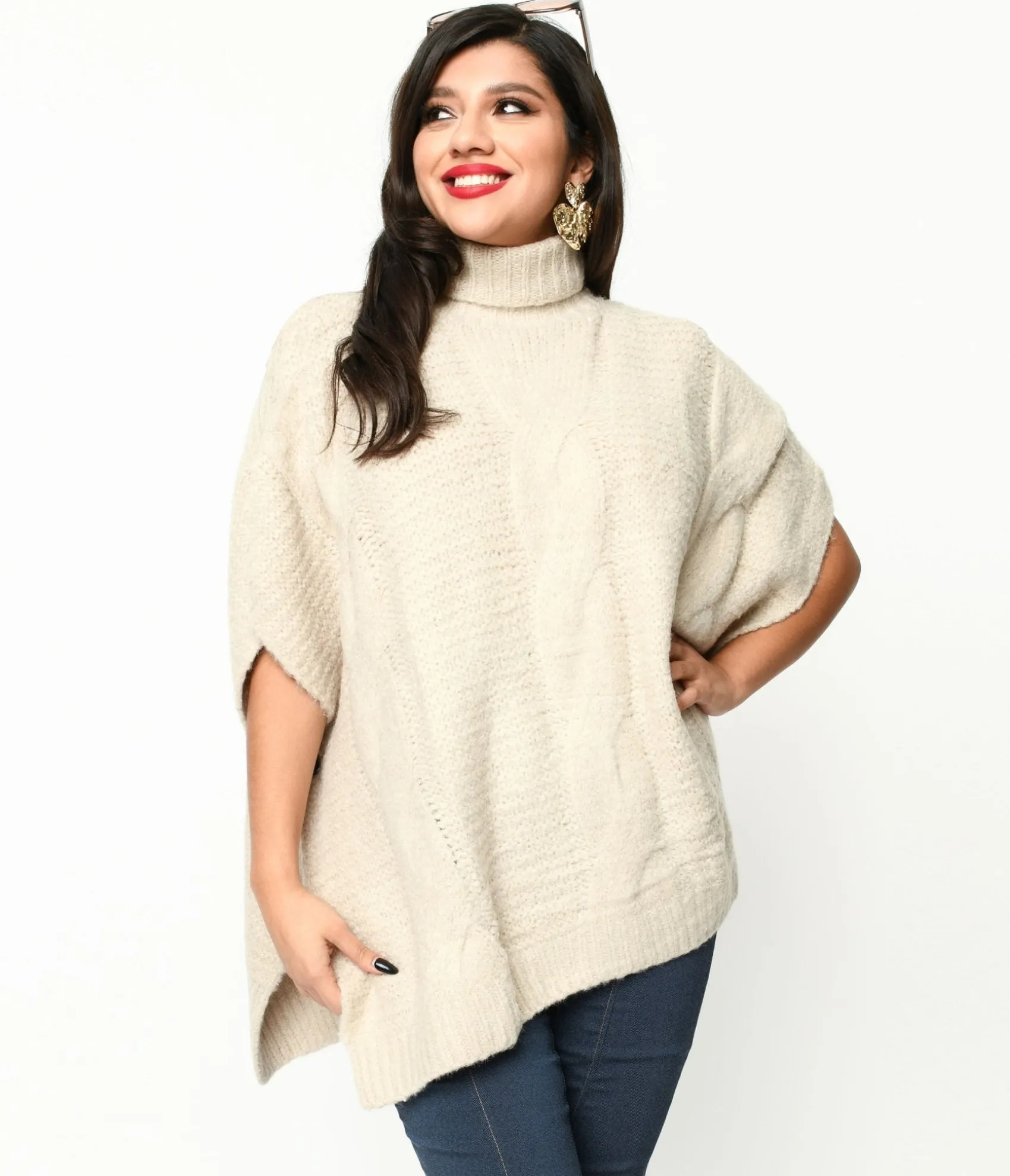 Unique Vintage Cream Cable Knit Turtle Neck Sweater Fashion