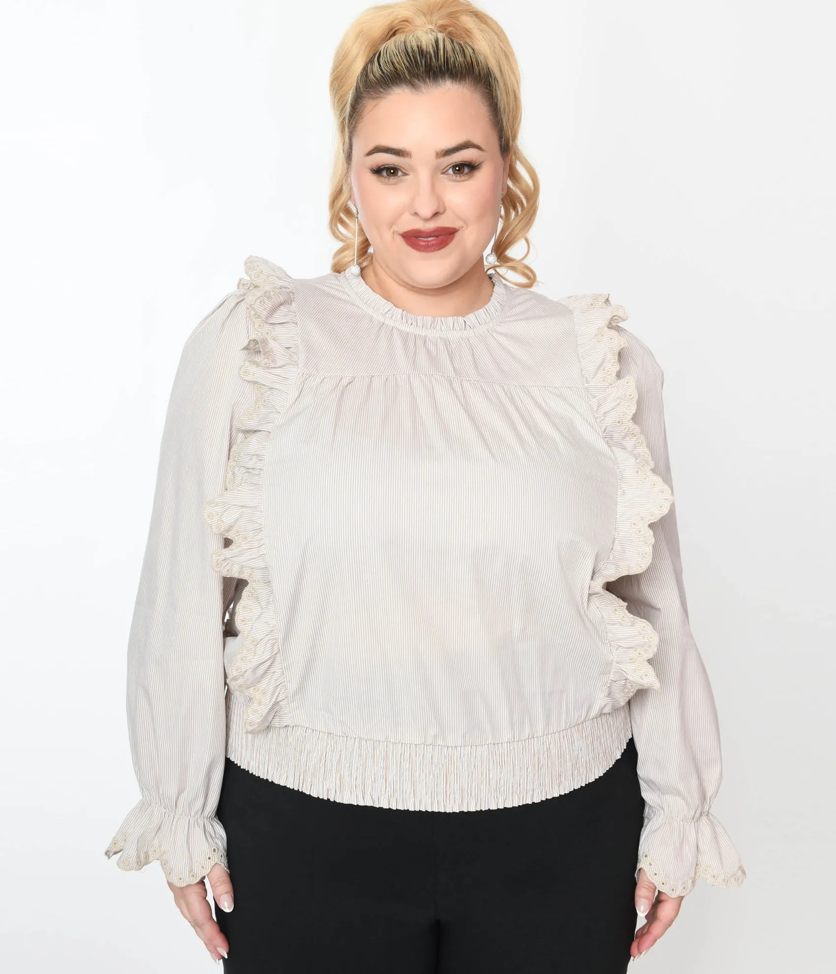 Unique Vintage Cream Striped Scallop Ruffle Blouse Cheap