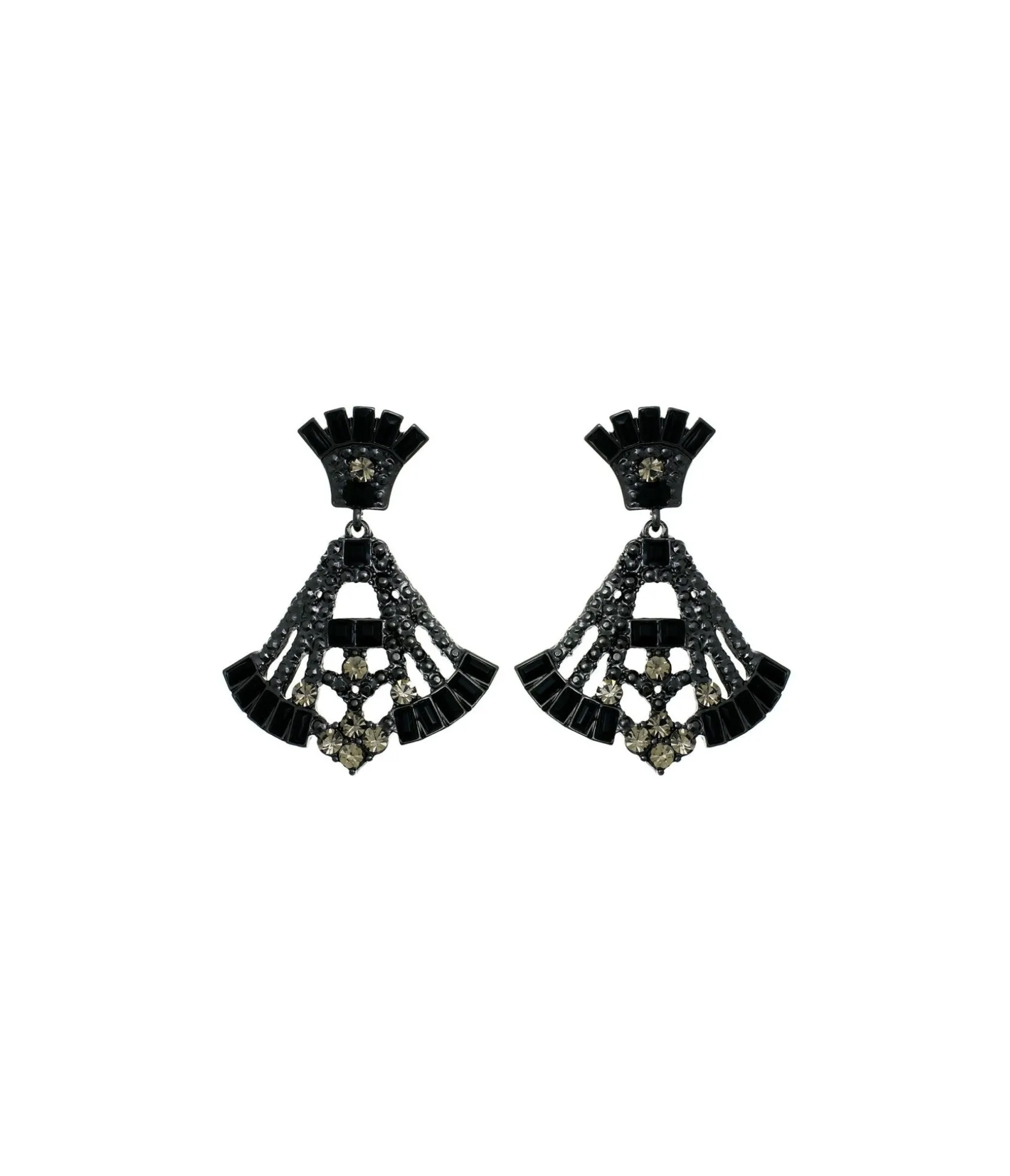 Unique Vintage Deco Style Black Rhinestone Drop Fan Earrings Clearance