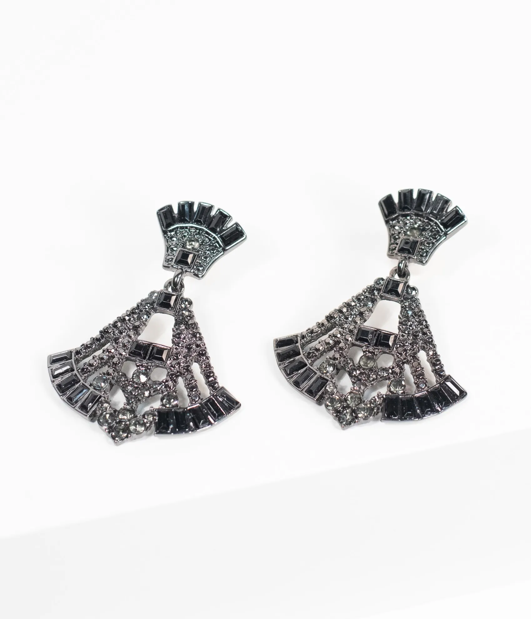 Unique Vintage Deco Style Black Rhinestone Drop Fan Earrings Clearance