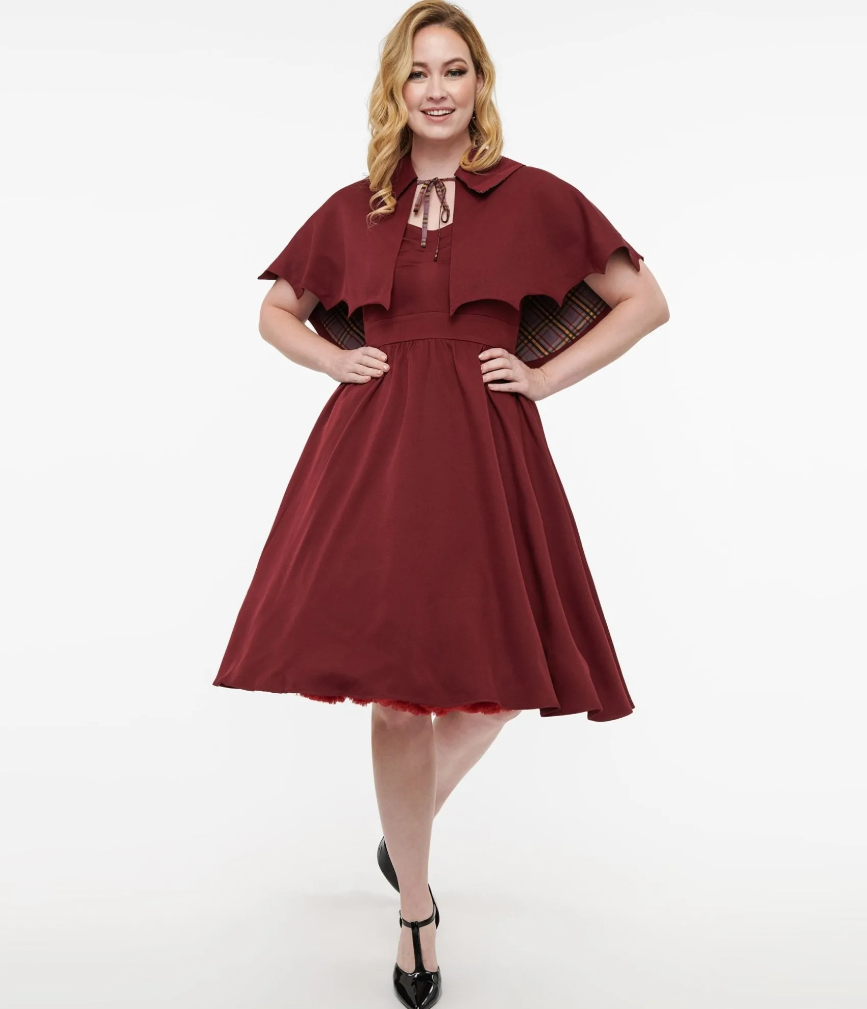 Unique Vintage Disney Hocus Pocus Collection by Burgundy & Grey Plaid Hocus Pocus Capelet Swing Dress Best Sale