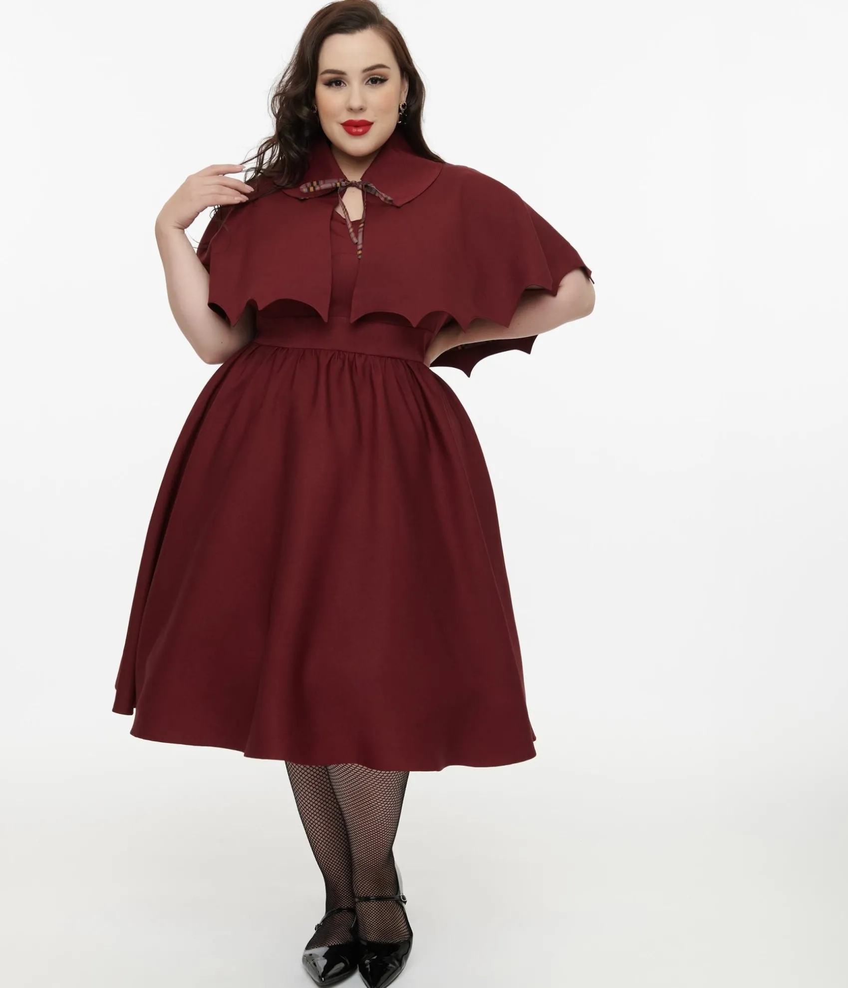 Unique Vintage Disney Hocus Pocus Collection by Plus Size Burgundy & Grey Plaid Hocus Pocus Capelet Swing Dress Clearance