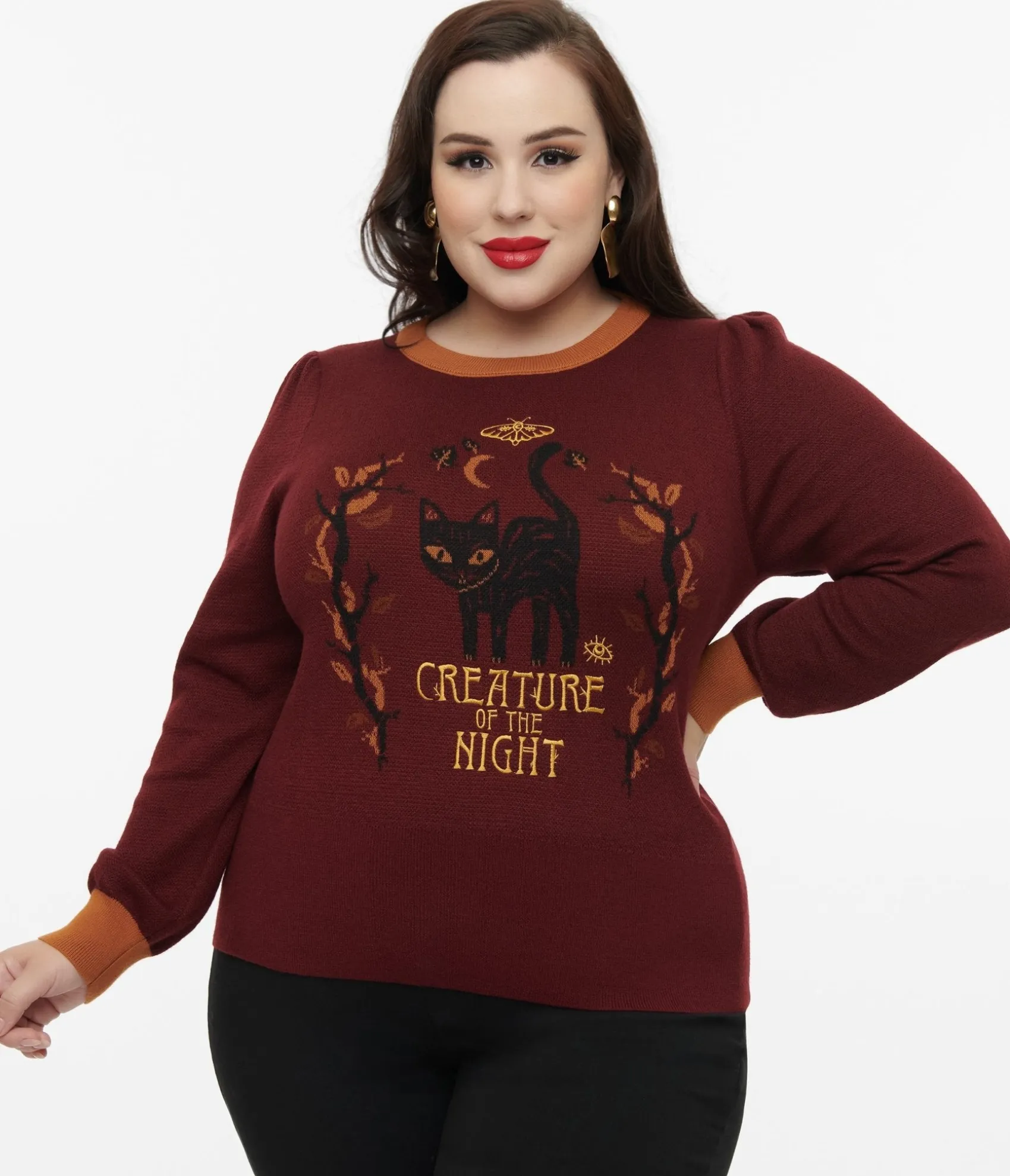 Unique Vintage Disney Hocus Pocus Collection by Plus Size Burgundy Binx Hocus Pocus Embroidered Sweater Store