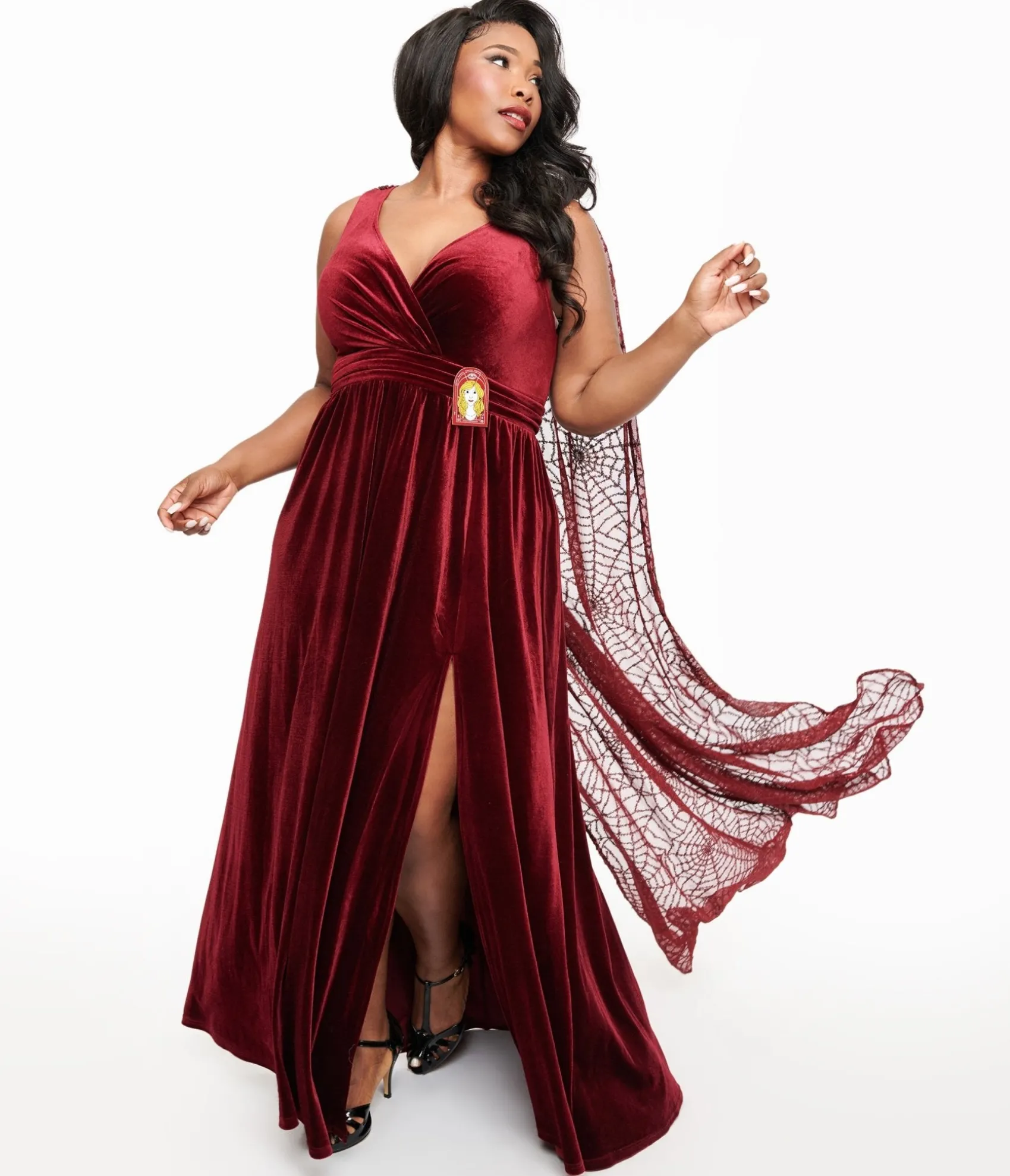 Unique Vintage Disney Hocus Pocus Collection by Plus Size Hocus Pocus Burgundy Velvet & Spiderweb Sequin Cape Gown Discount