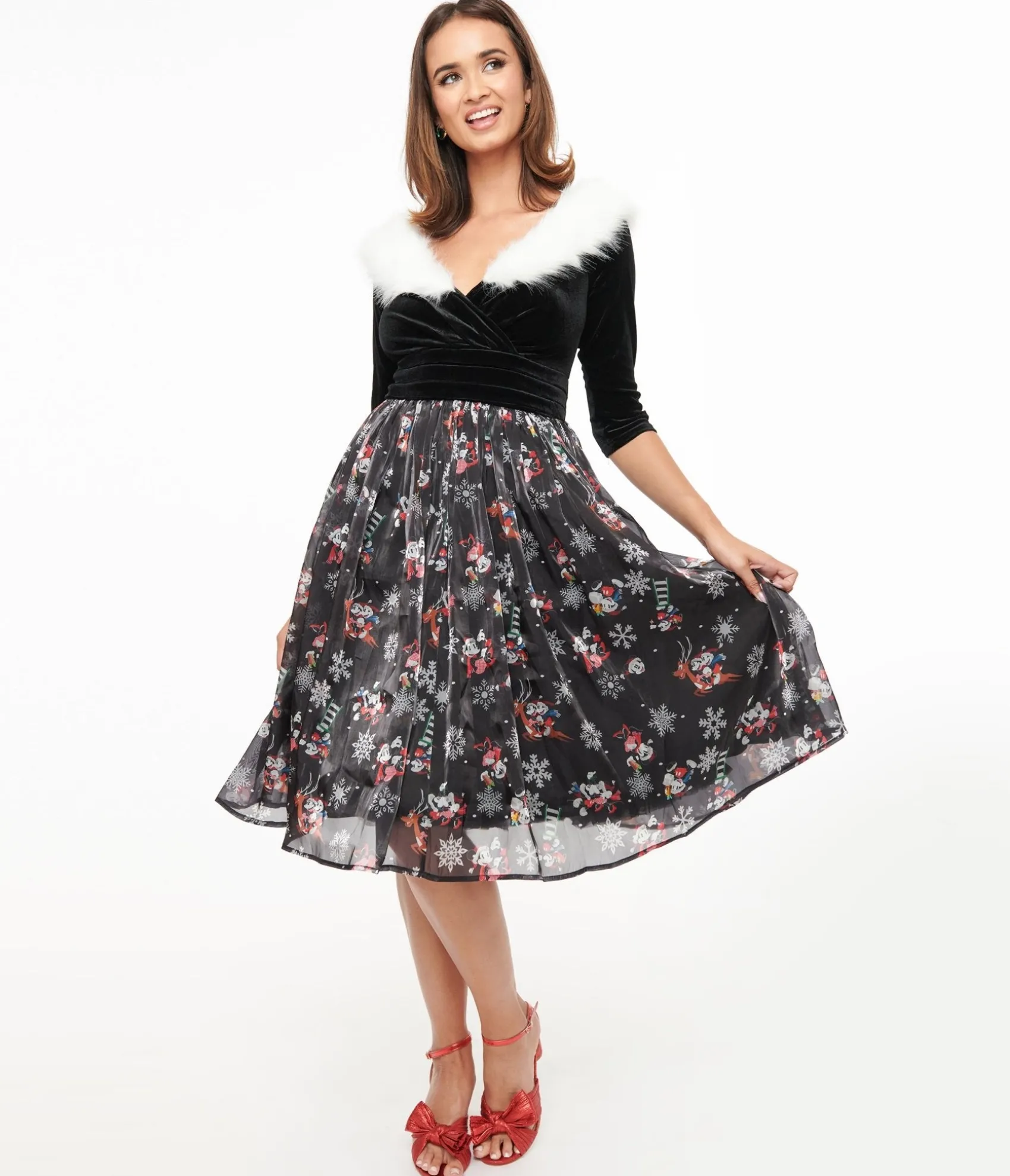 Unique Vintage Disney Holiday Collection by Minnie & Mickey Fur Collared Marceline Swing Dress Shop