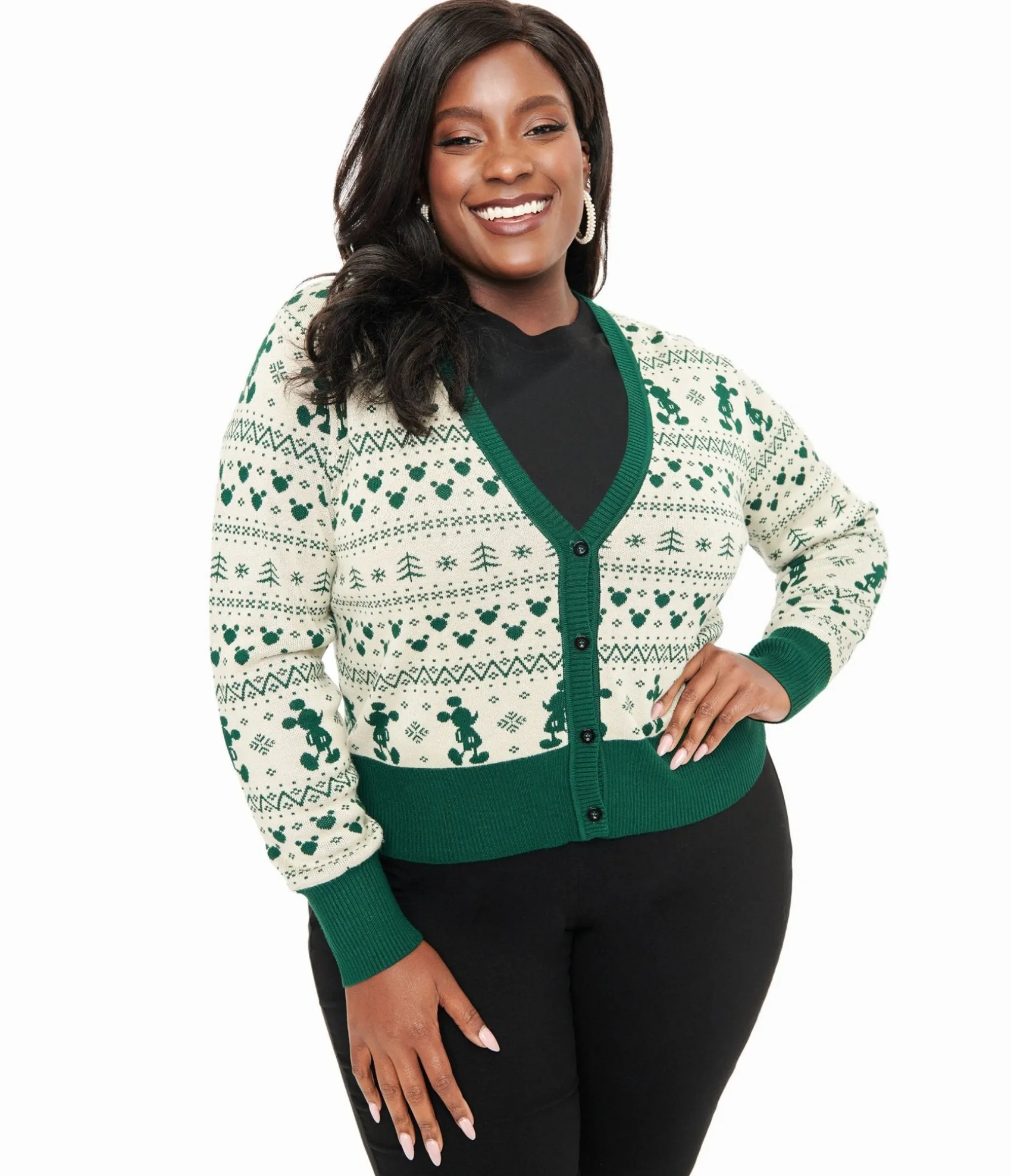 Unique Vintage Disney Holiday Collection by Plus Size Green Mickey Fair Isle Jacquard Sweater Cardigan Cheap