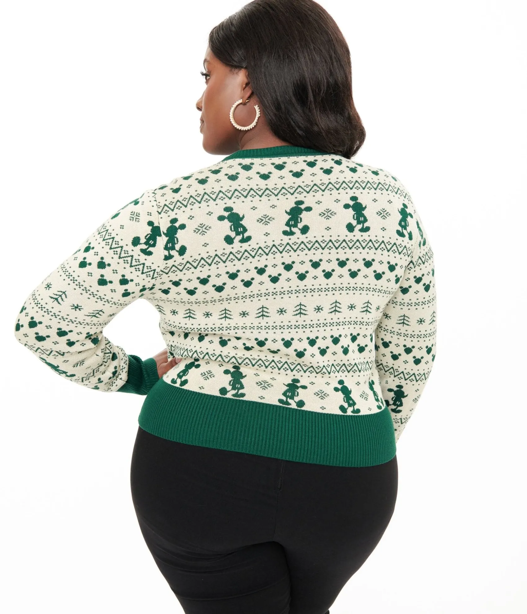 Unique Vintage Disney Holiday Collection by Plus Size Green Mickey Fair Isle Jacquard Sweater Cardigan Cheap