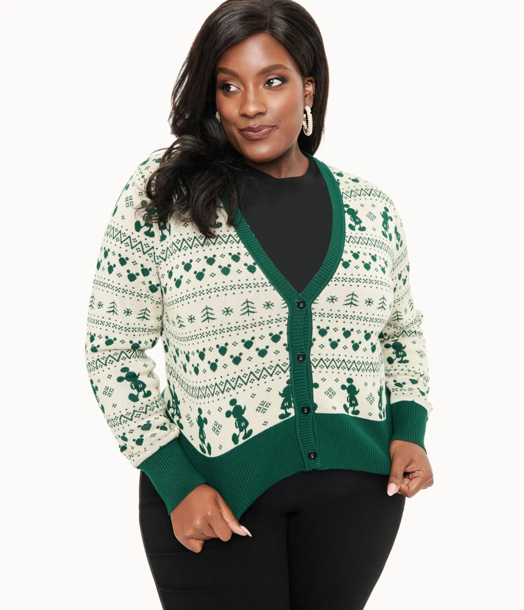Unique Vintage Disney Holiday Collection by Plus Size Green Mickey Fair Isle Jacquard Sweater Cardigan Cheap