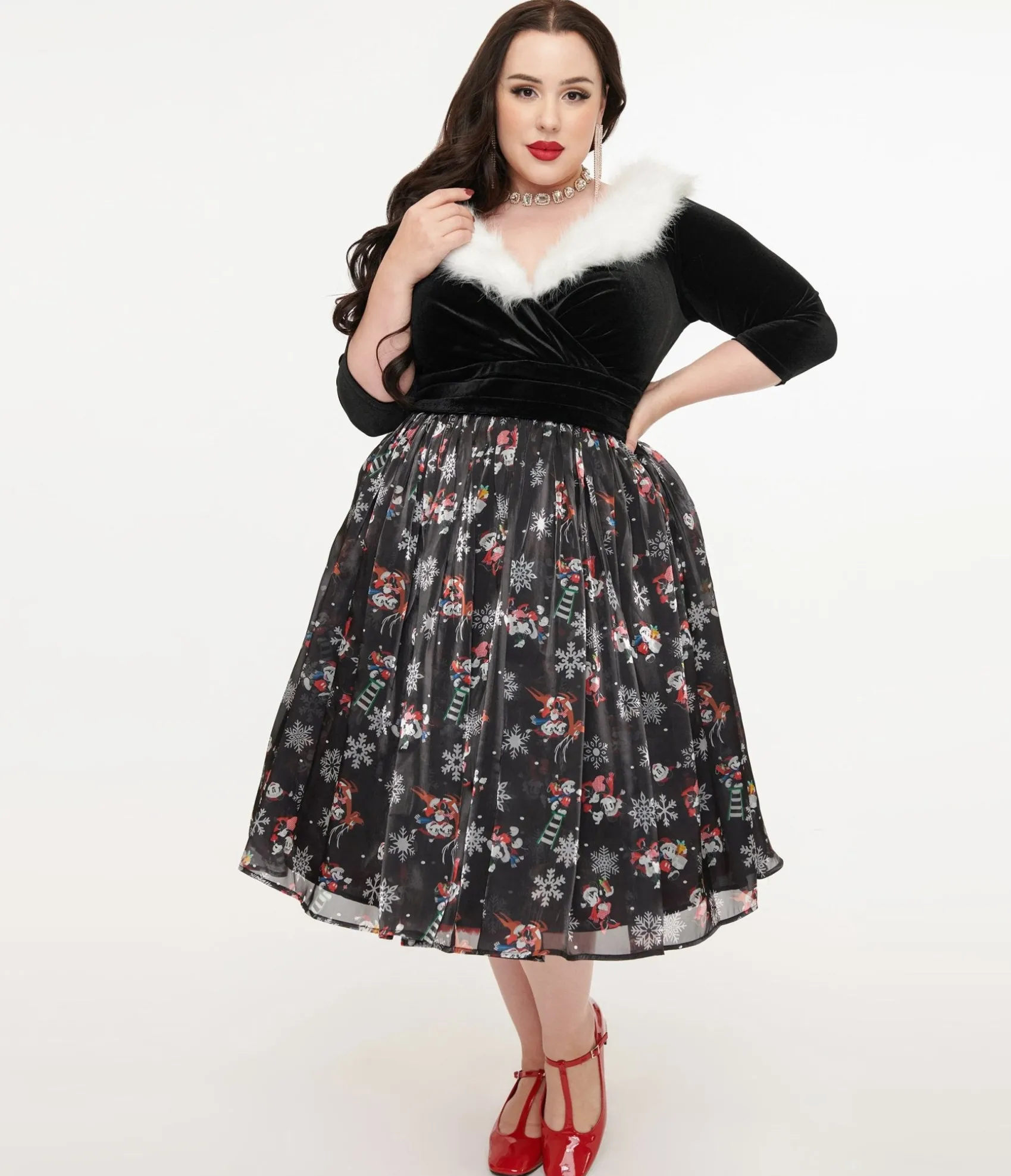 Unique Vintage Disney Holiday Collection by Plus Size Minnie & Mickey Fur Collared Marceline Swing Dress Flash Sale