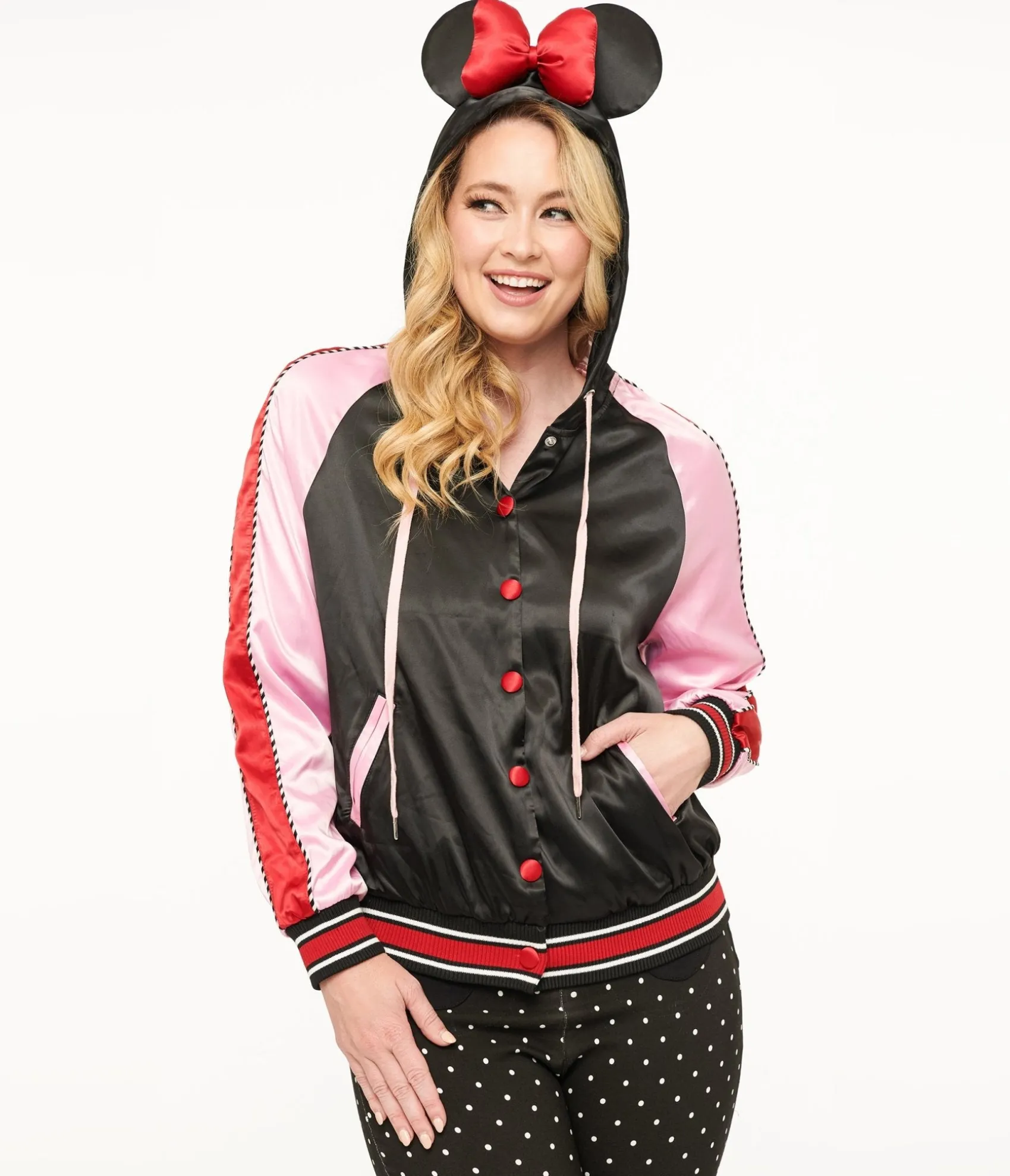 Unique Vintage Disney Mickey & Friends Collection by Minnie Mouse Hooded Satin Bomber Jacket Flash Sale