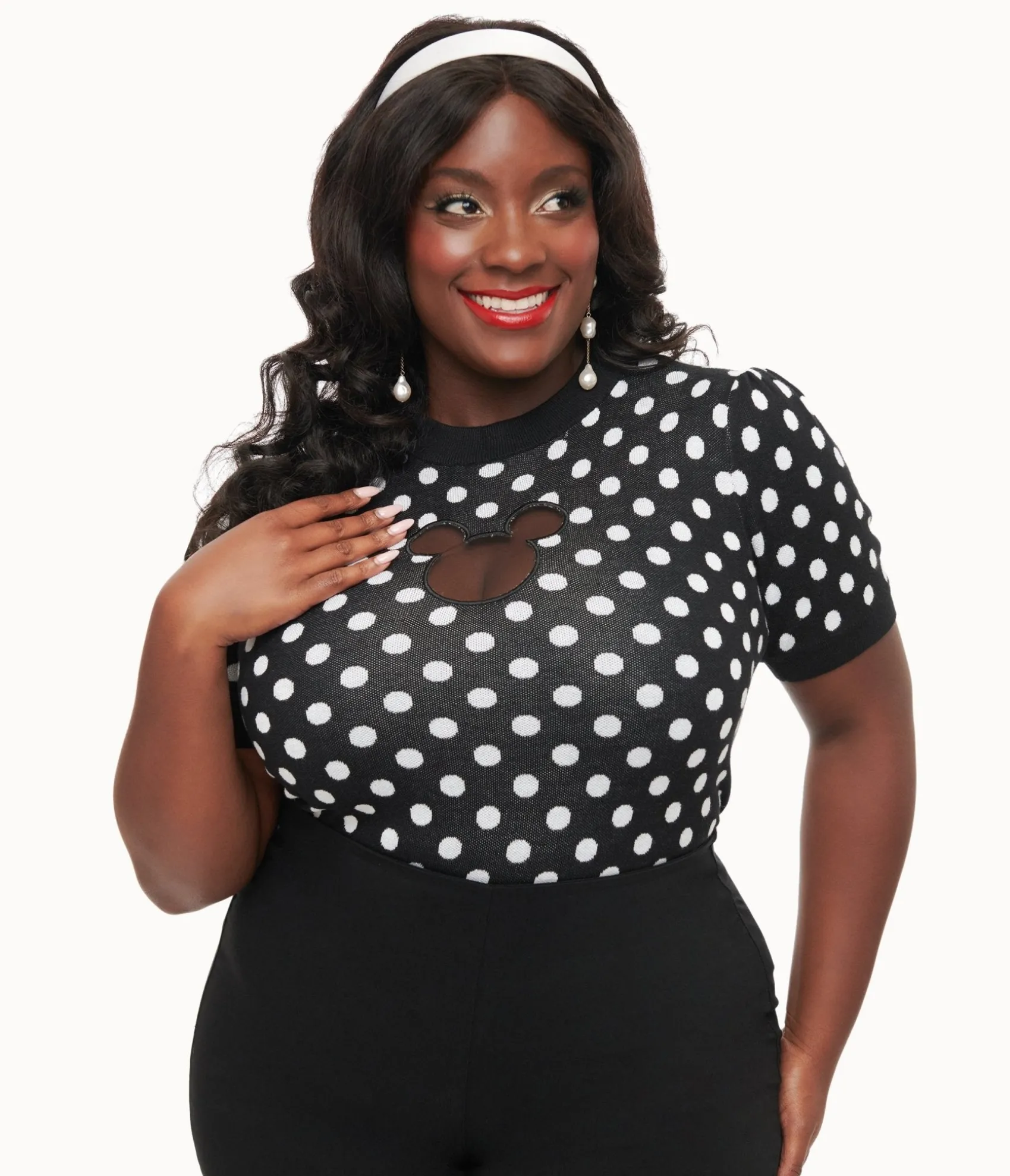Unique Vintage Disney Mickey & Friends Collection by Plus Size Black & White Polka Dot Mickey Mouse Cutout Sweater Online