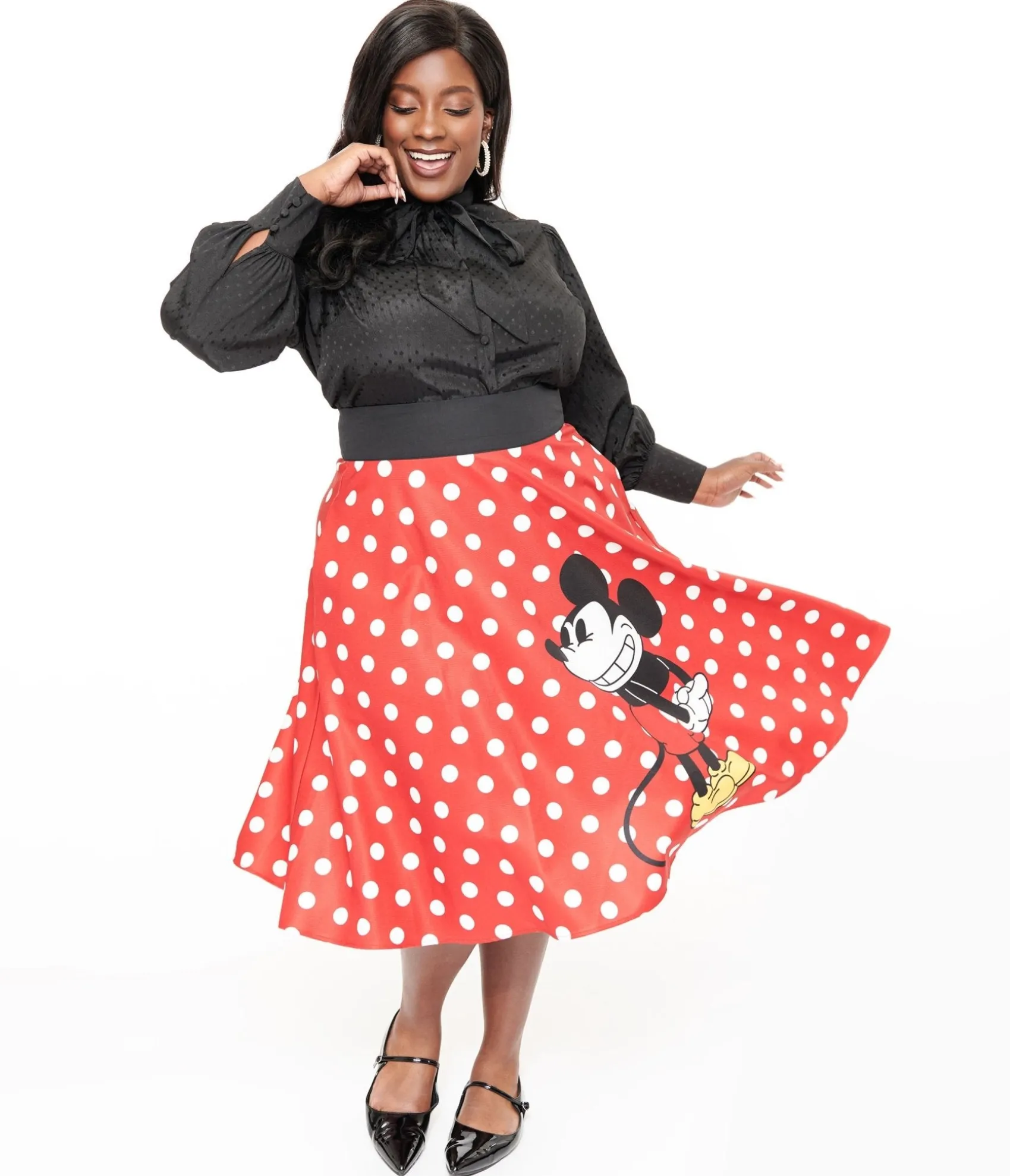 Unique Vintage Disney Mickey & Friends Collection by Plus Size Red & White Polka Dot Mickey Mouse Vivien Swing Skirt Hot