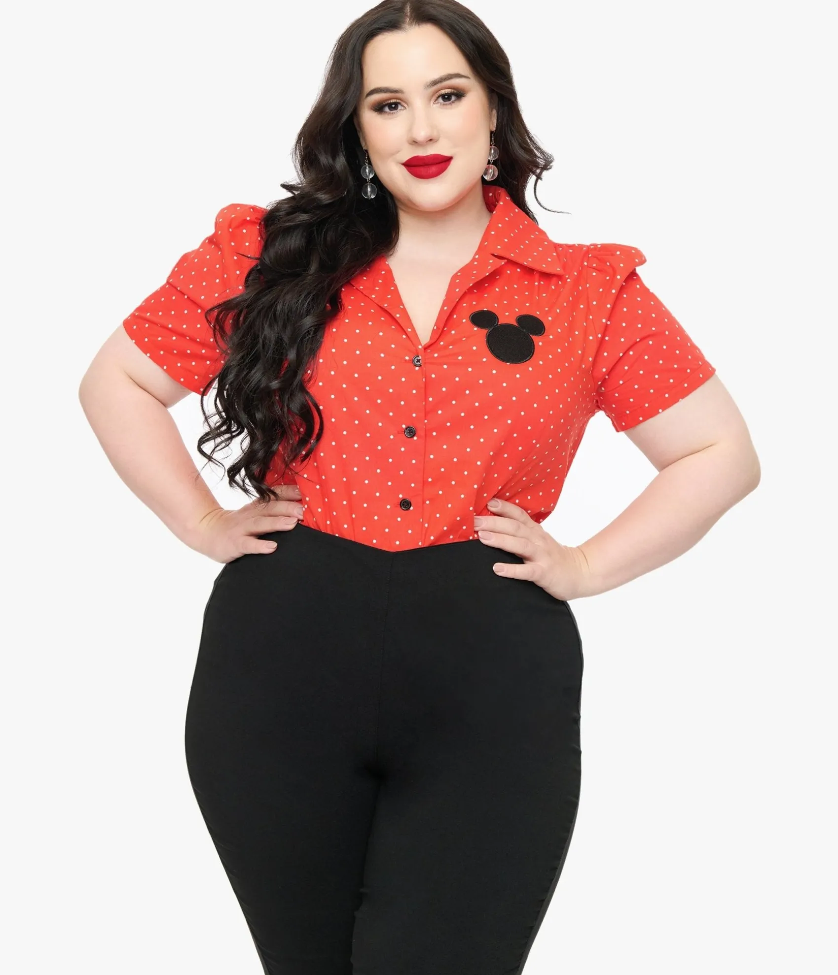 Unique Vintage Disney Mickey & Friends Collection by Plus Size Red Pin Dot Mickey Mouse Silhouette Cotton Blouse Cheap