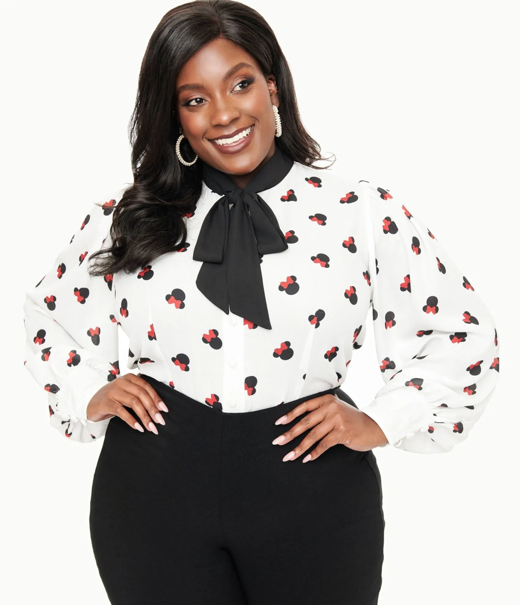 Unique Vintage Disney Mickey & Friends Collection by Plus Size White Minnie Mouse Stamp Print Gwen Blouse Cheap