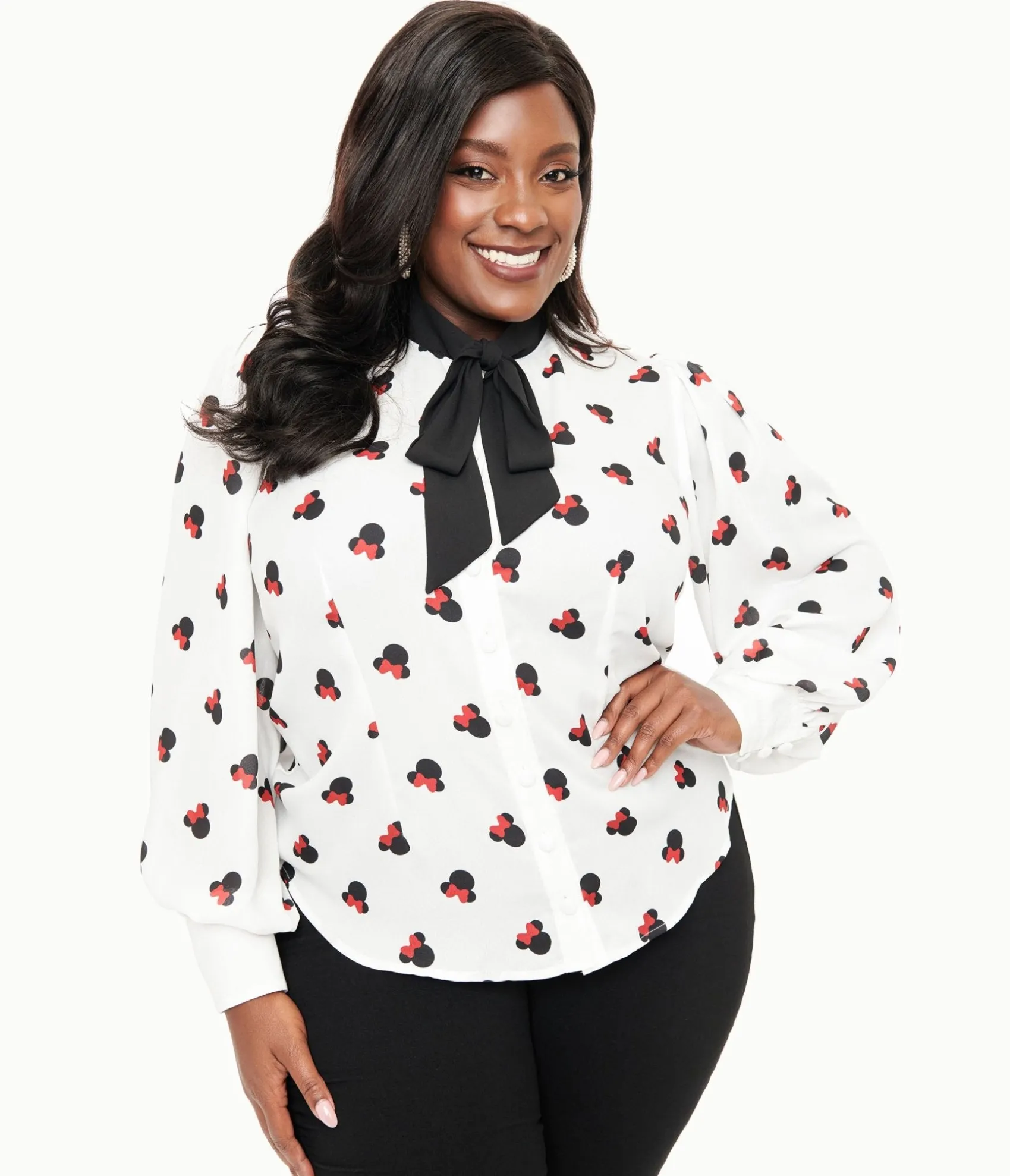 Unique Vintage Disney Mickey & Friends Collection by Plus Size White Minnie Mouse Stamp Print Gwen Blouse Cheap