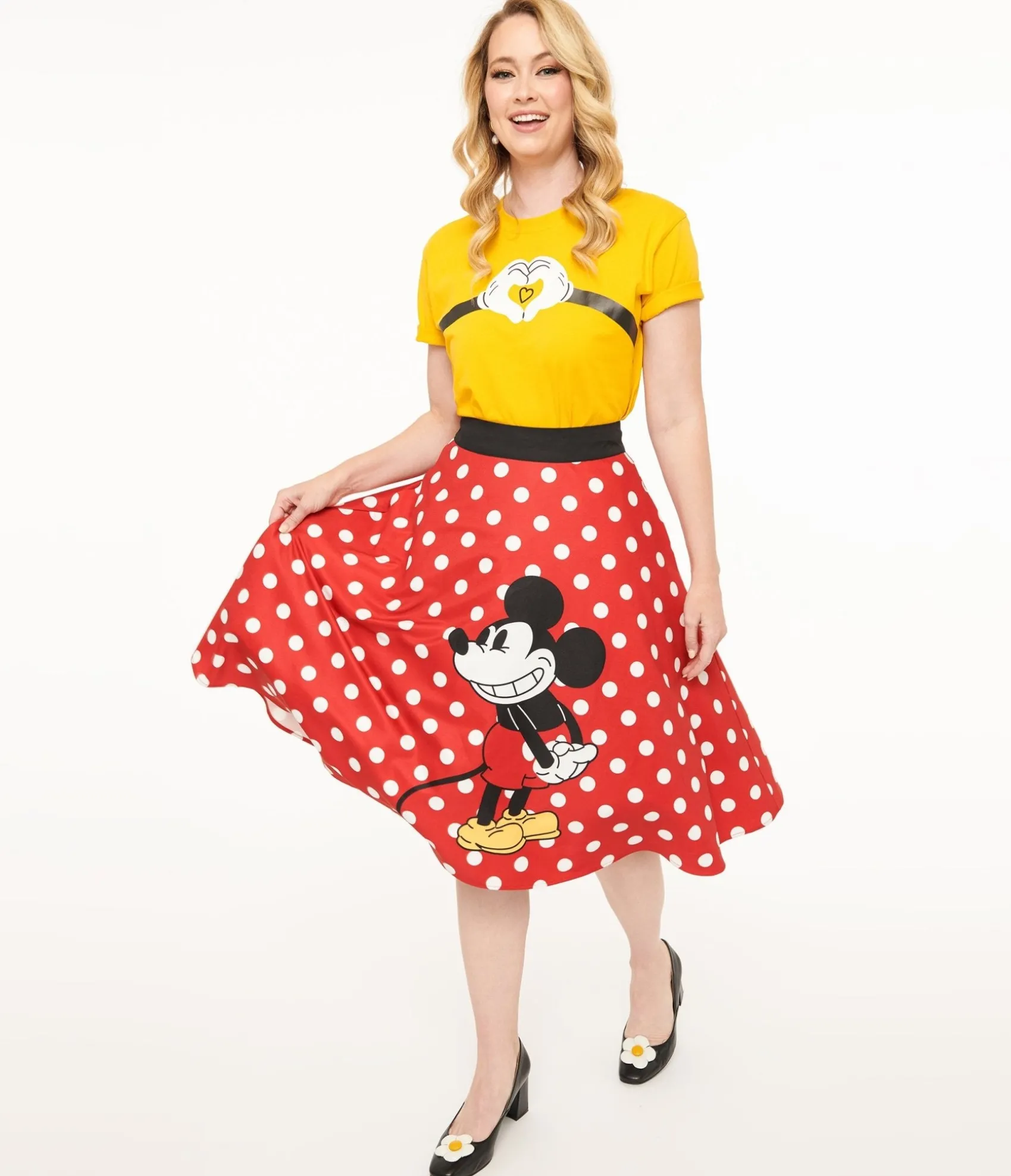 Unique Vintage Disney Mickey & Friends Collection by Red & White Polka Dot Mickey Mouse Vivien Swing Skirt Outlet