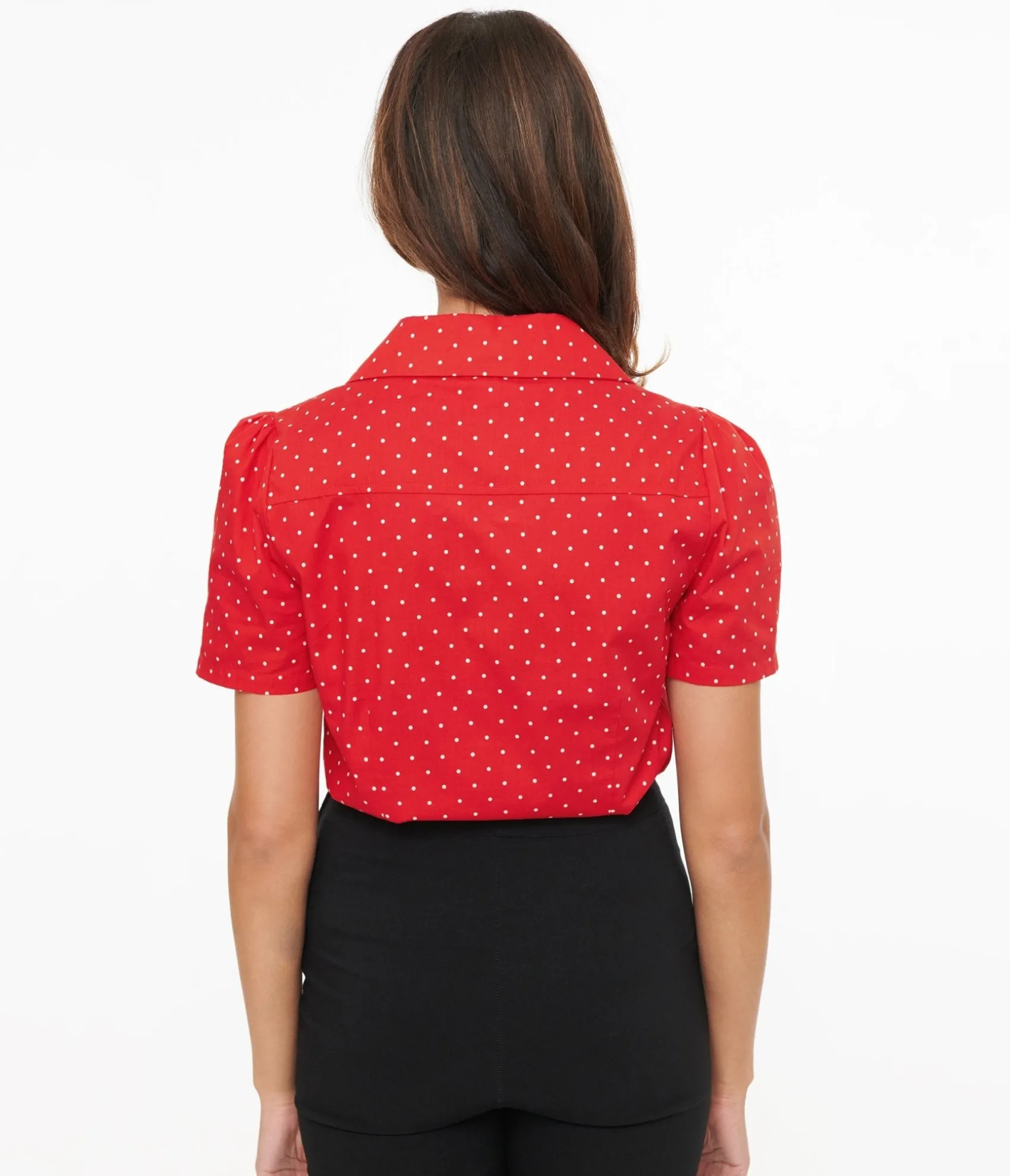 Unique Vintage Disney Mickey & Friends Collection by Red Pin Dot Mickey Mouse Silhouette Cotton Blouse Flash Sale