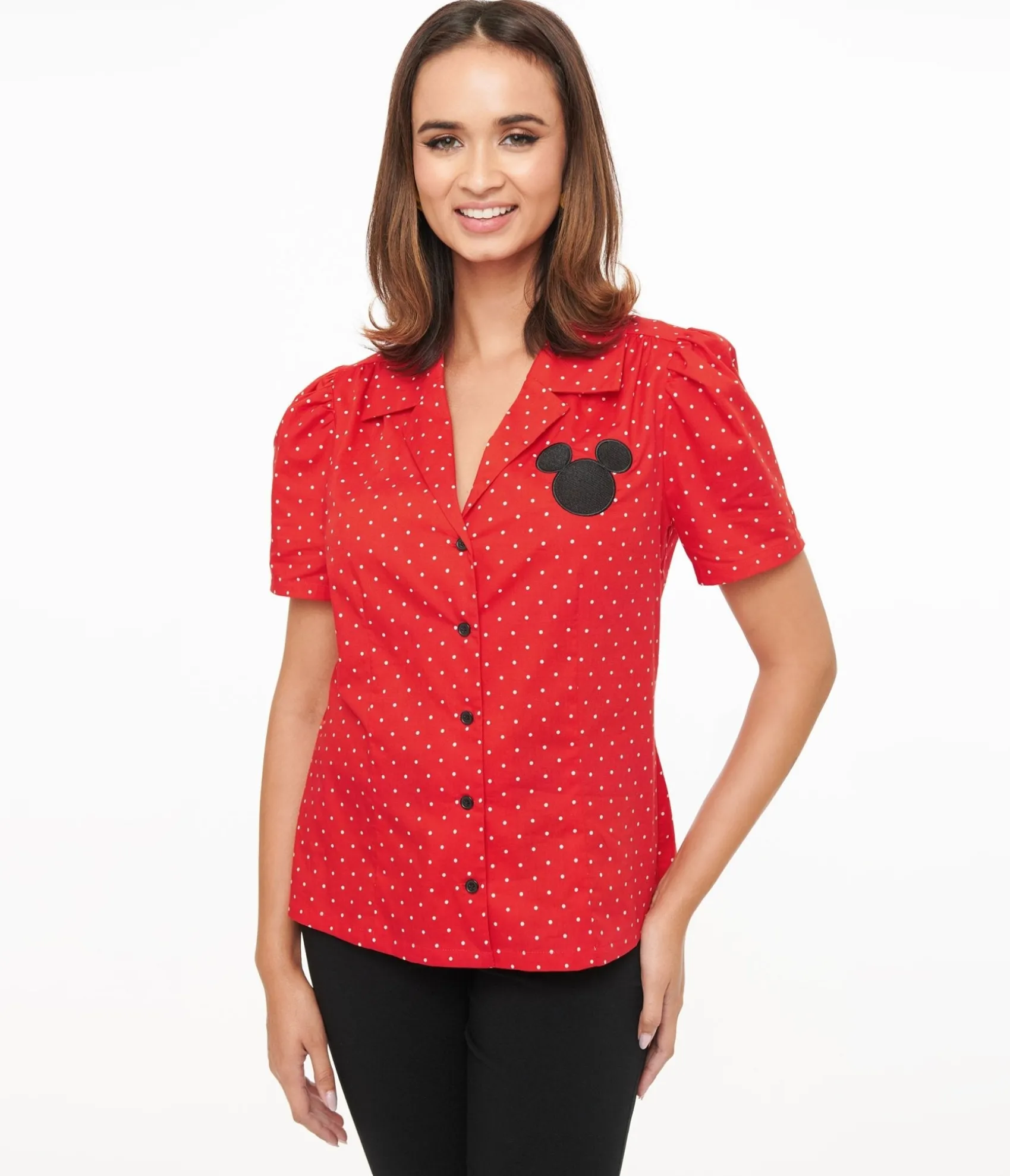Unique Vintage Disney Mickey & Friends Collection by Red Pin Dot Mickey Mouse Silhouette Cotton Blouse Flash Sale