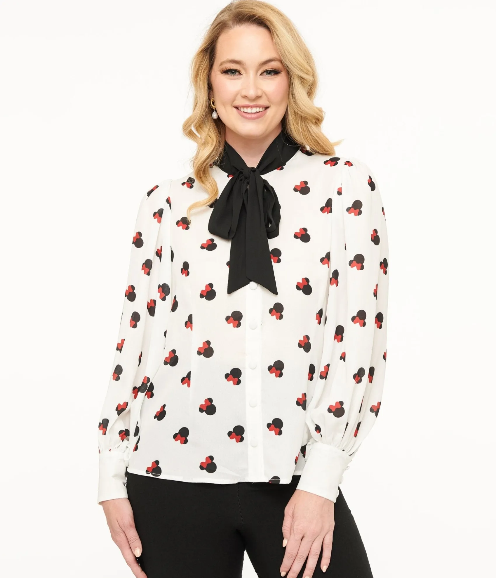 Unique Vintage Disney Mickey & Friends Collection by White Minnie Mouse Stamp Print Gwen Blouse Store