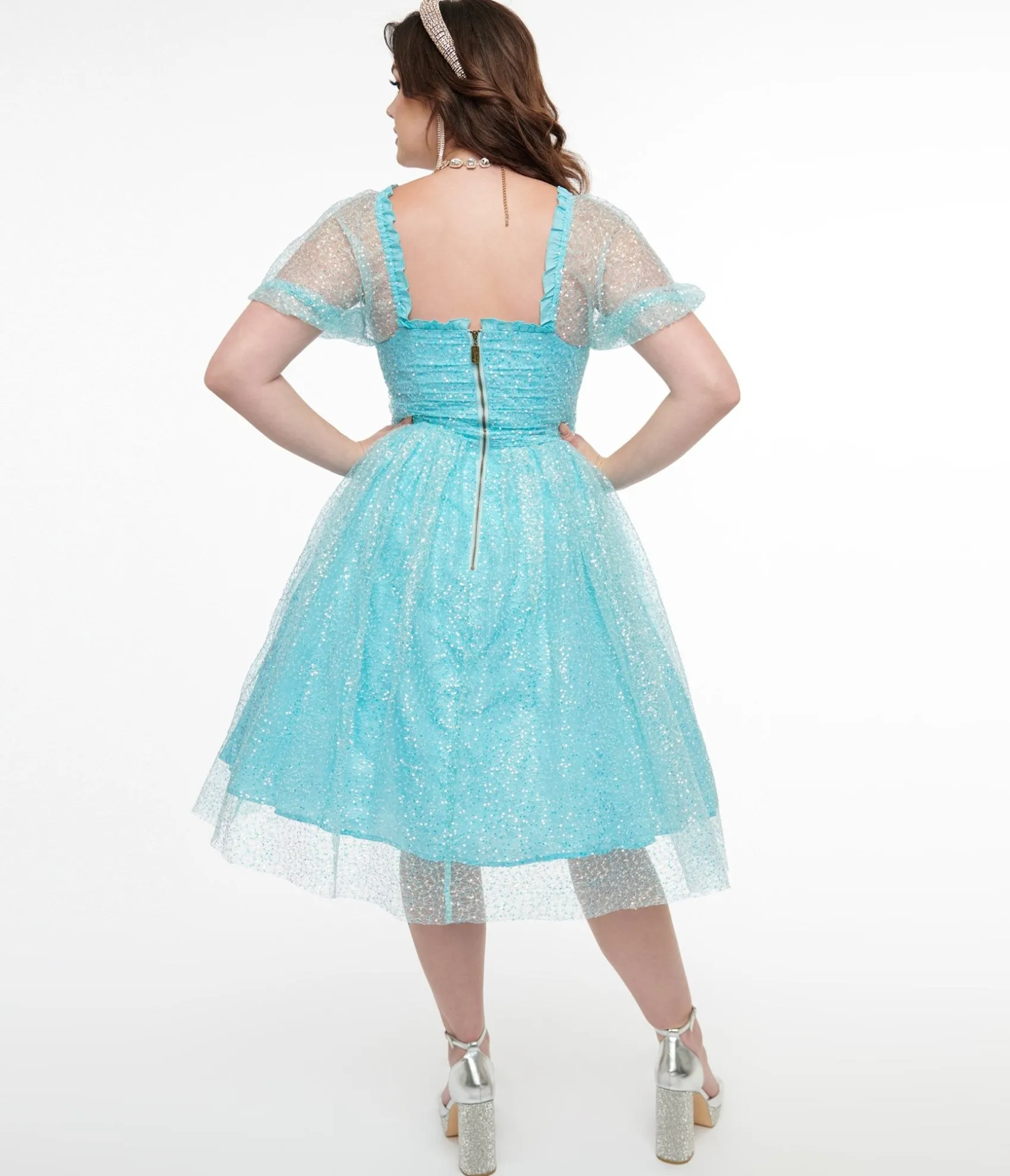 Unique Vintage Disney Princess collection by Blue Sequin Mesh Short Sleeve Cinderella Dress Best Sale