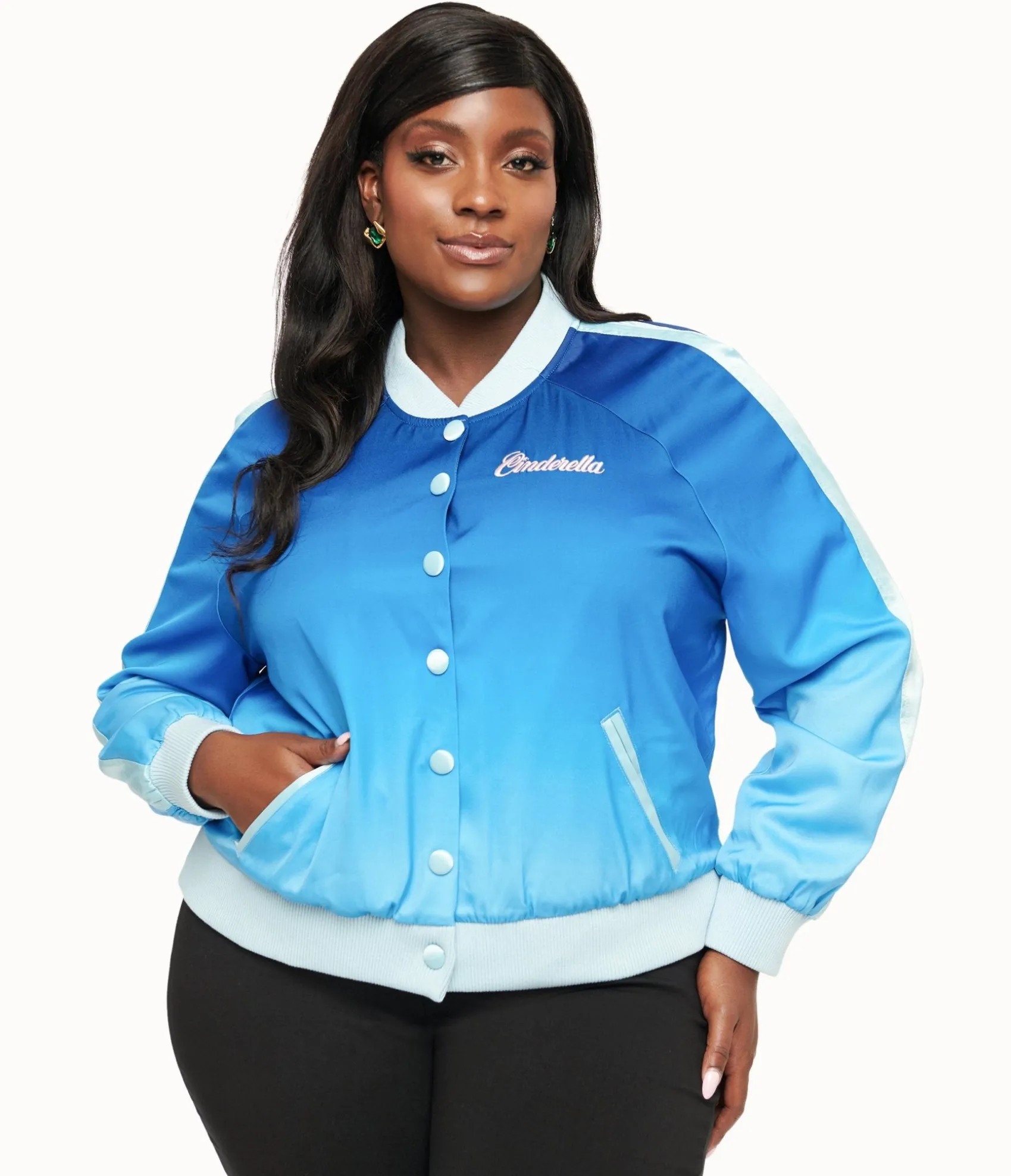 Unique Vintage Disney Princess collection by Plus Size Cinderella Blue Ombre Long Sleeve Bomber Jacket Fashion