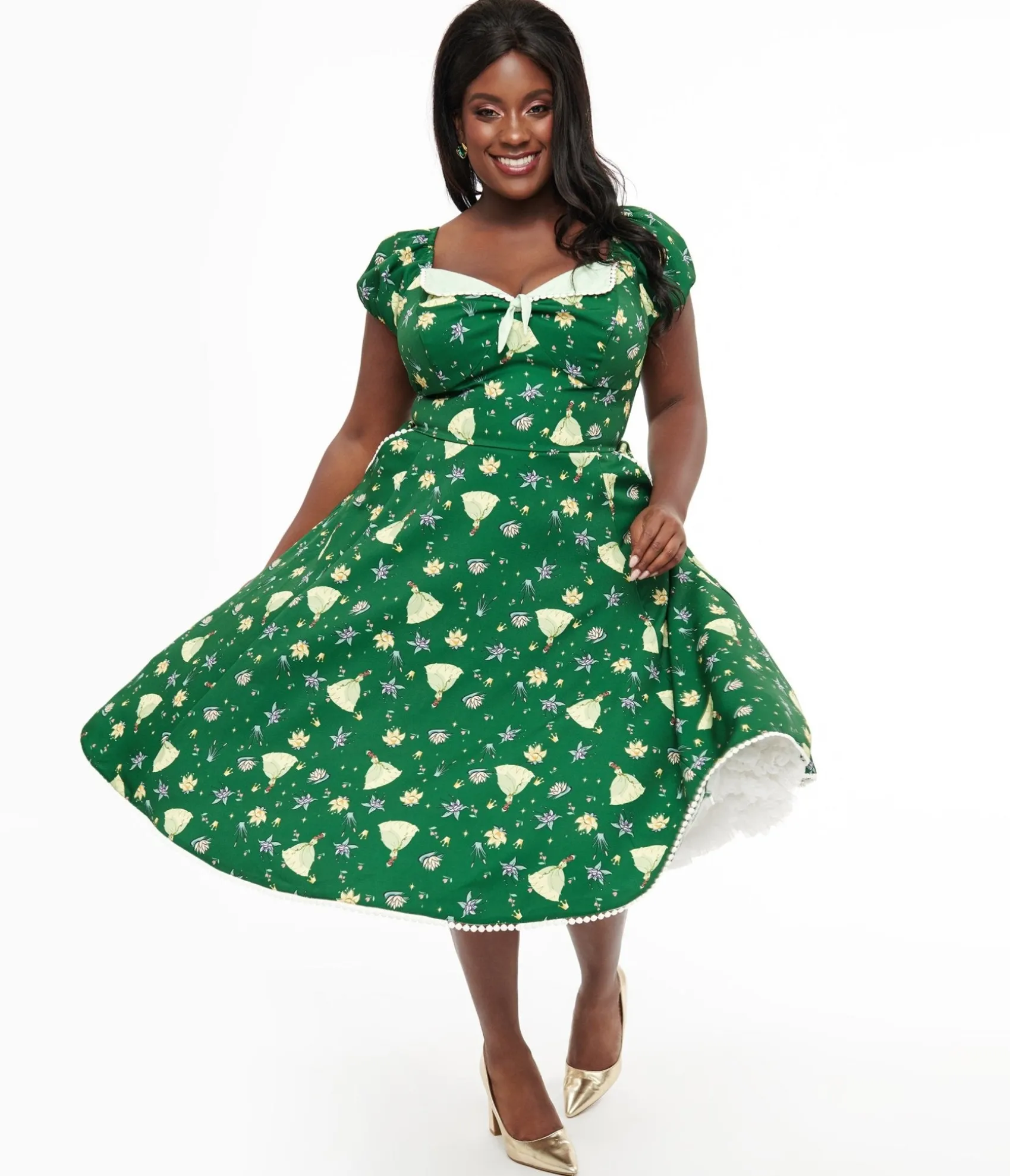 Unique Vintage Disney Princess collection by Plus Size Green Princess Tiana All Over Print Swing Dress Sale
