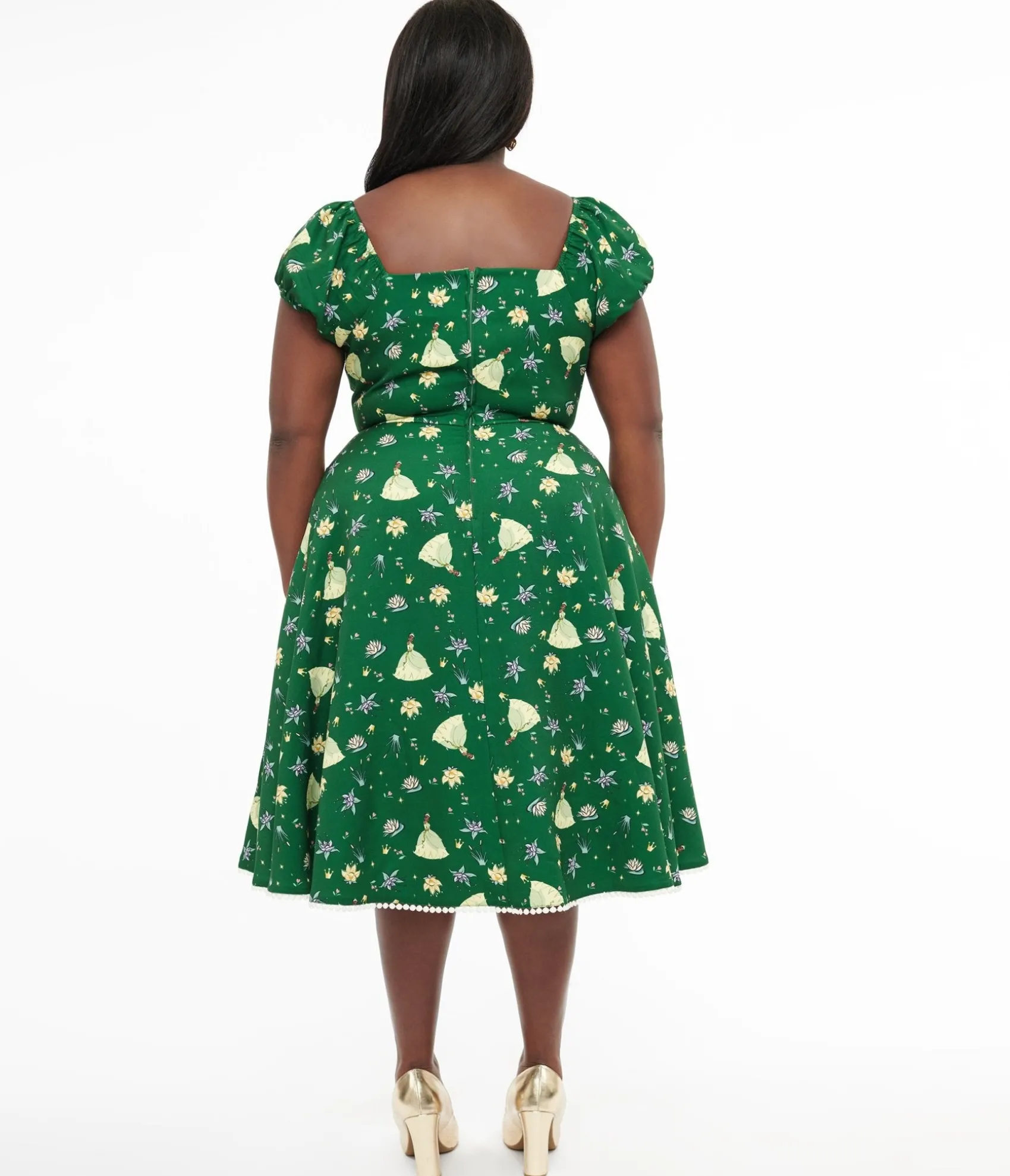 Unique Vintage Disney Princess collection by Plus Size Green Princess Tiana All Over Print Swing Dress Sale