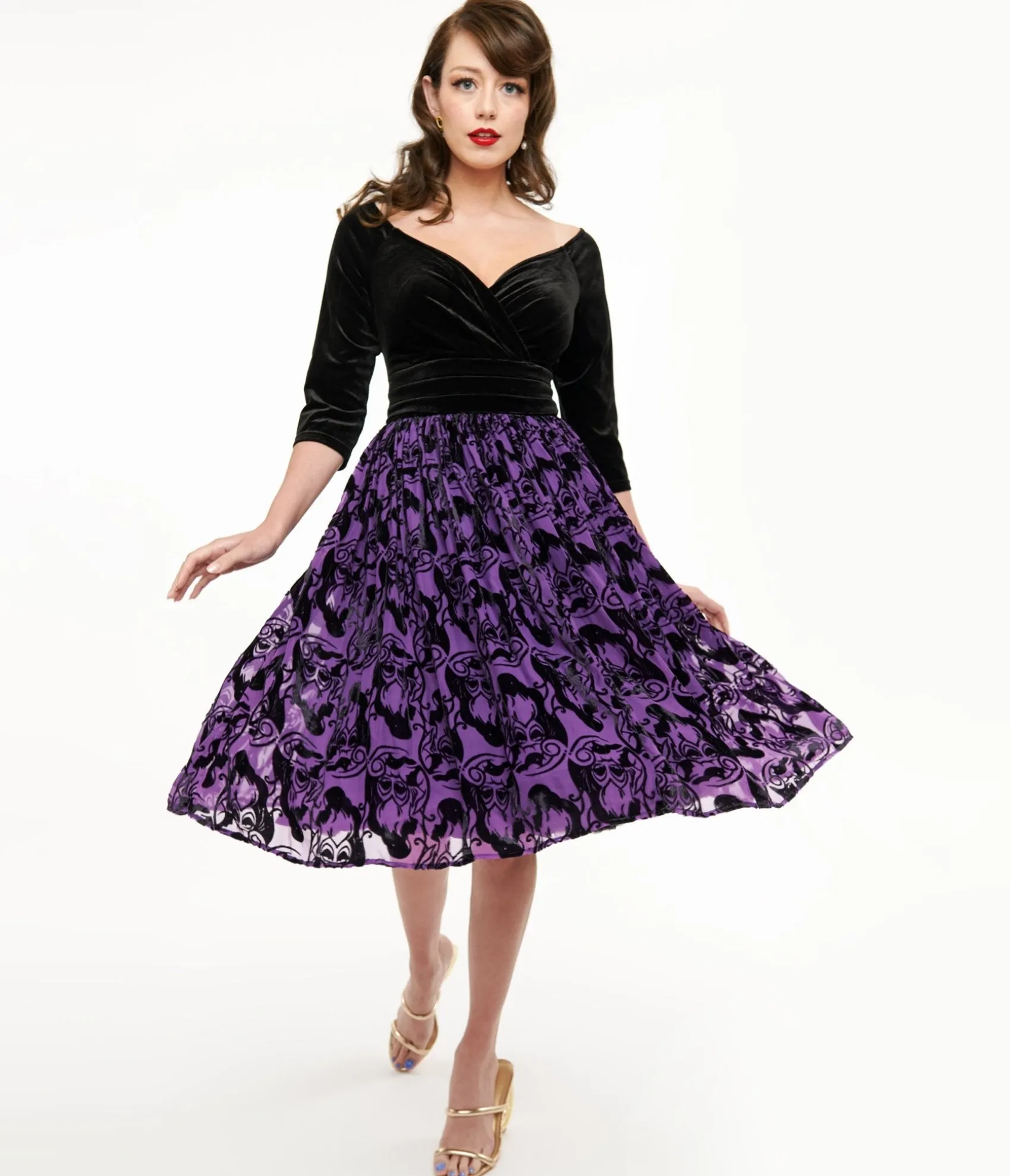 Unique Vintage Disney Princess collection by Purple & Black Ursula Burnout Velvet Marceline Swing Dress Store