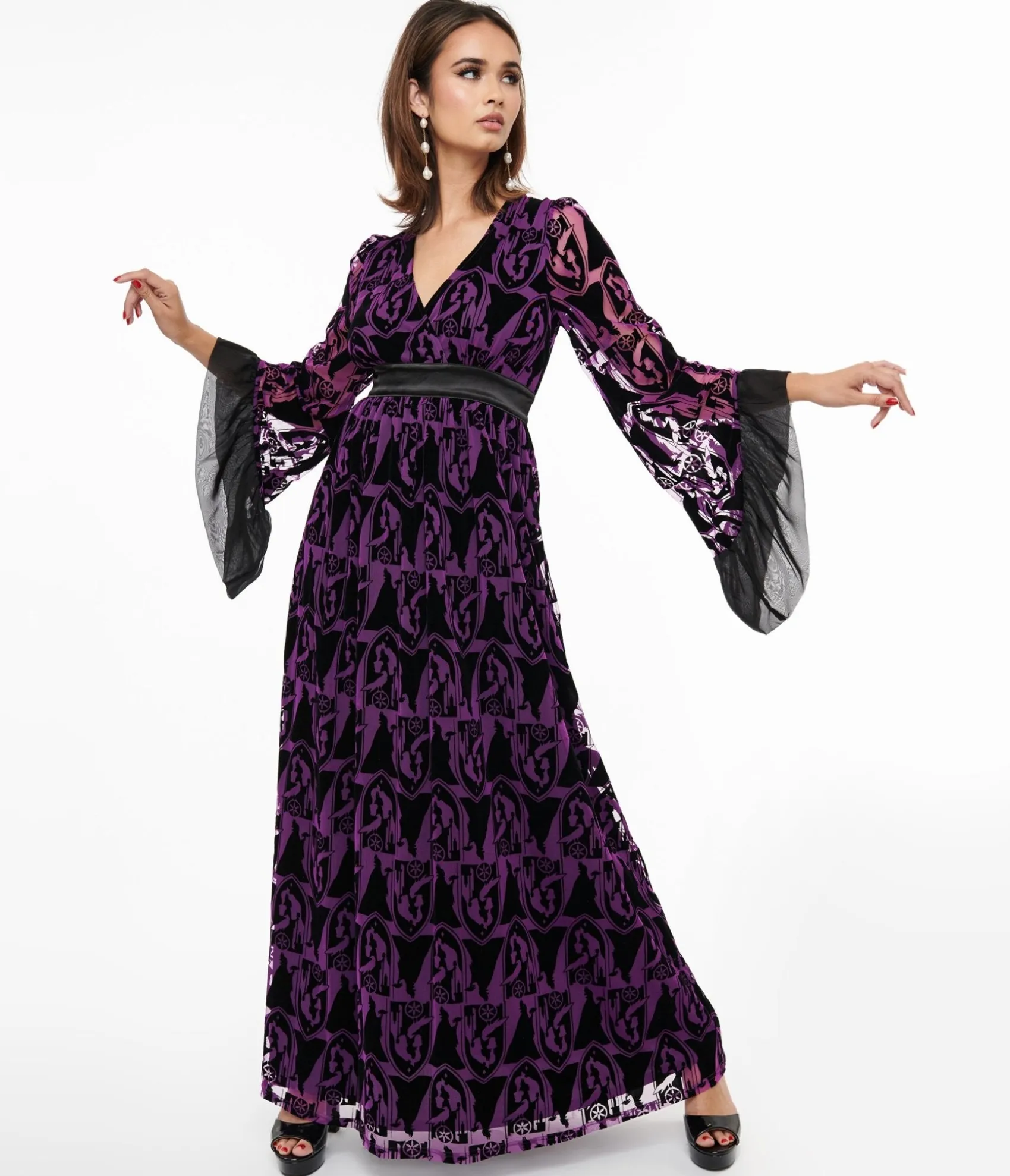 Unique Vintage Disney Princess collection by Purple & Black Velvet Burnout Maleficent Print Maxi Dress Best Sale