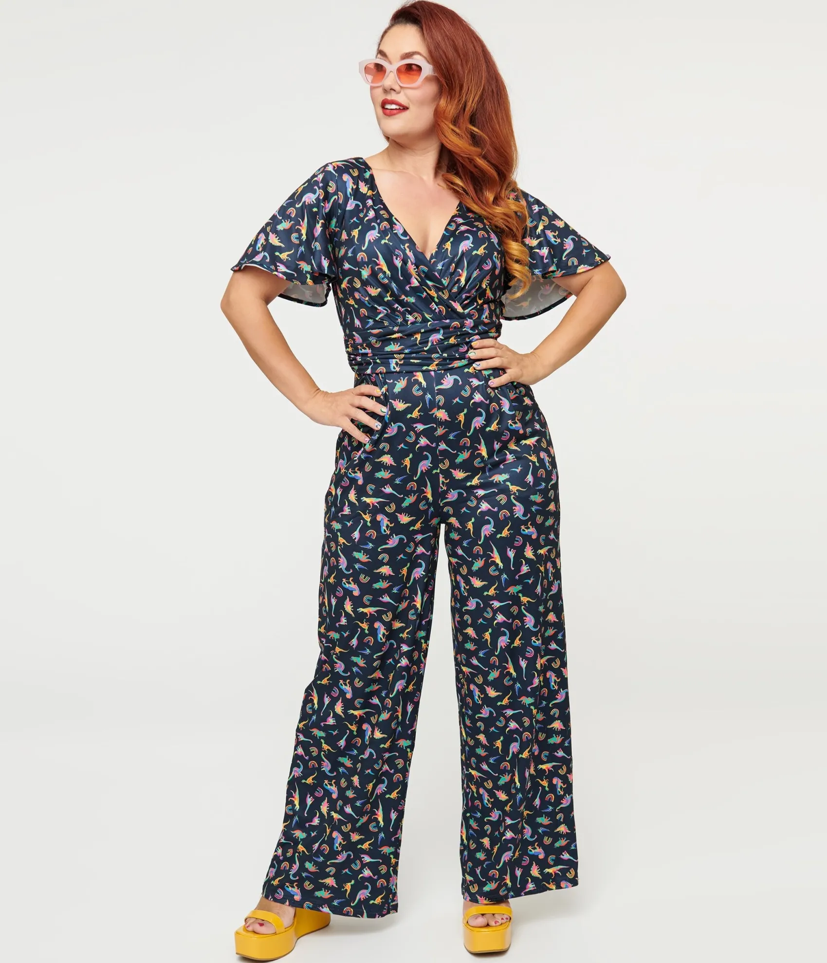 Unique Vintage Dolly & Dotty Black Dinosaur & Rainbow Print Charlotte Jumpsuit Shop