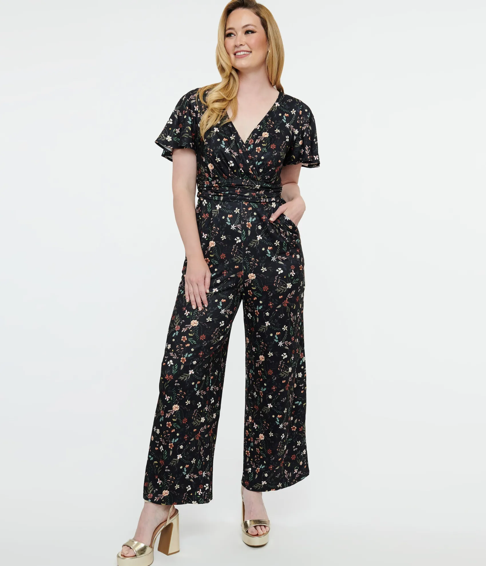 Unique Vintage Dolly & Dotty Black Floral Meadow Butterfly Sleeve Jumpsuit Shop