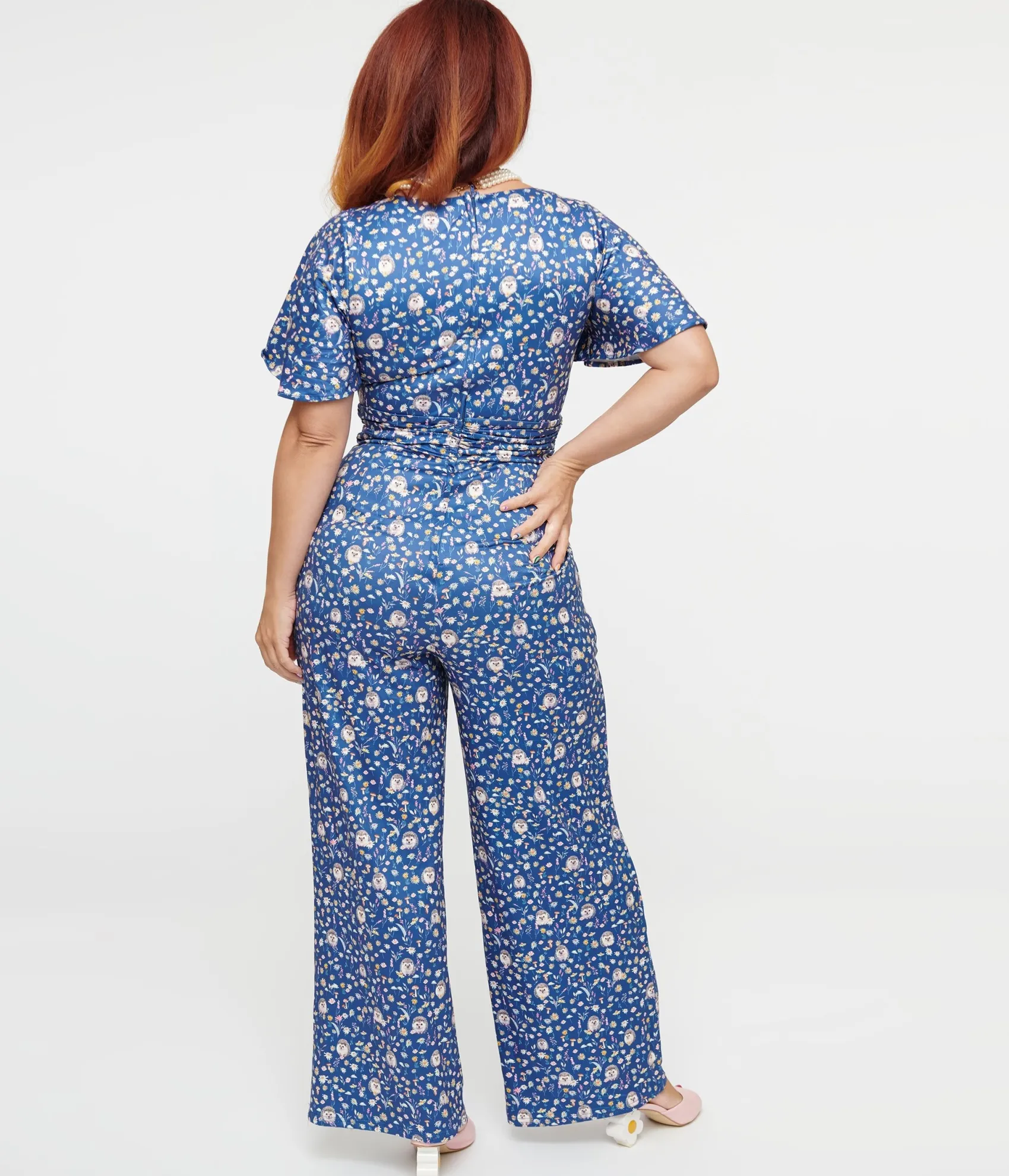 Unique Vintage Dolly & Dotty Blue Floral & Hedgehog Print Charlotte Jumpsuit Cheap