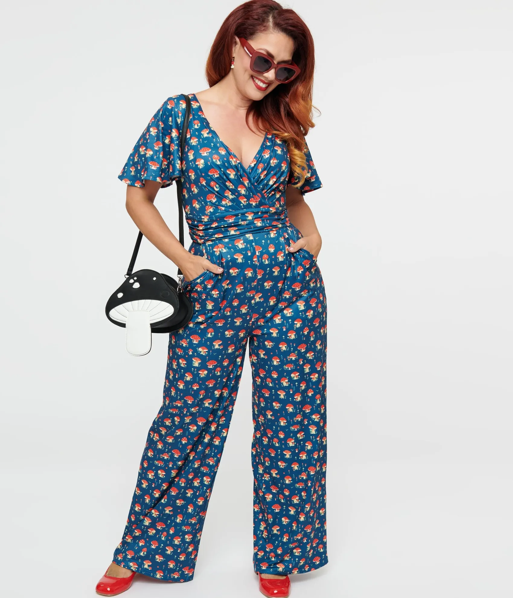 Unique Vintage Dolly & Dotty Blue Mushroom Print Charlotte Jumpsuit Discount