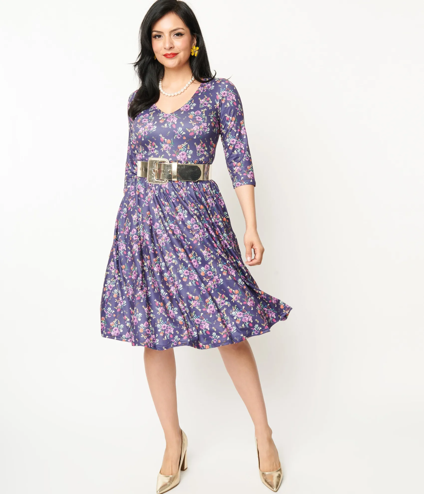 Unique Vintage Dolly & Dotty Purple Dragonfly Floral Print Billie Fit & Flare Dress Shop