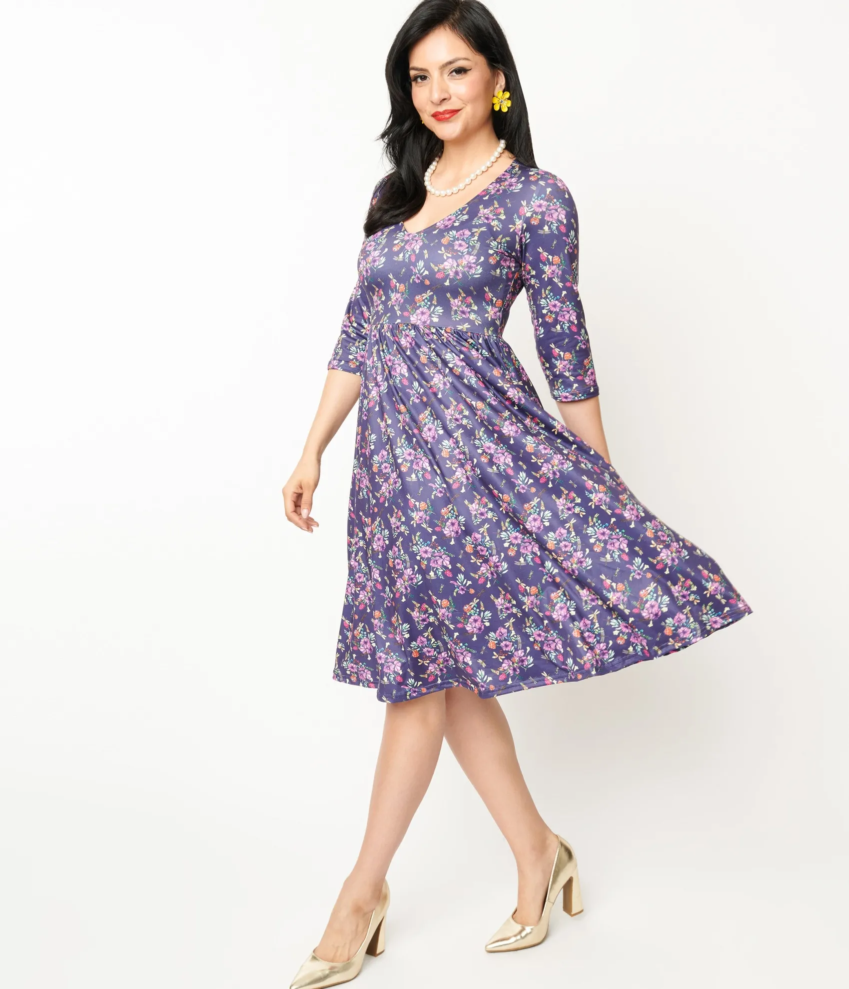Unique Vintage Dolly & Dotty Purple Dragonfly Floral Print Billie Fit & Flare Dress Shop