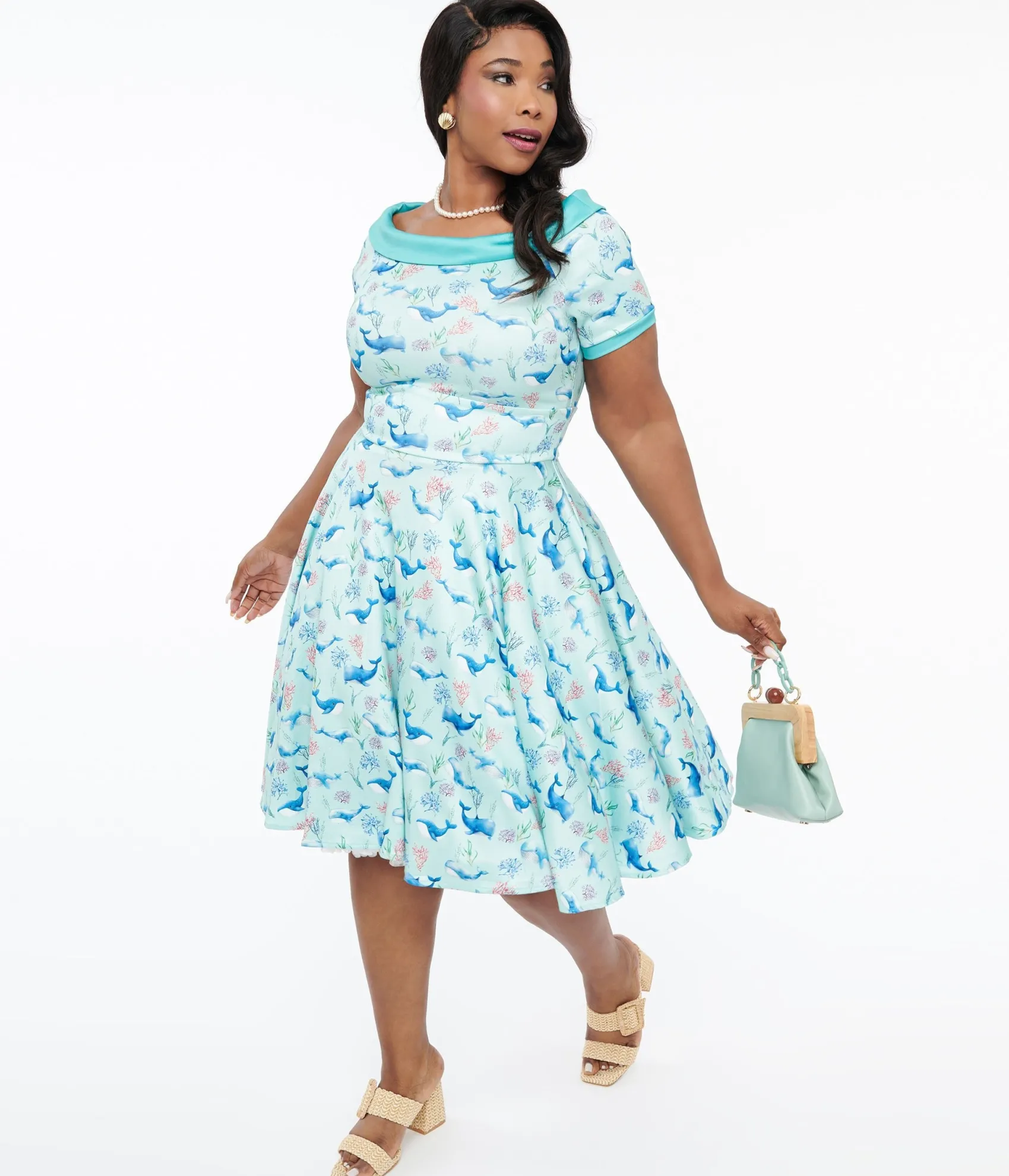 Unique Vintage Dolly & Dotty 1950s Baby Blue Whale Print Darlene Swing Dress Cheap